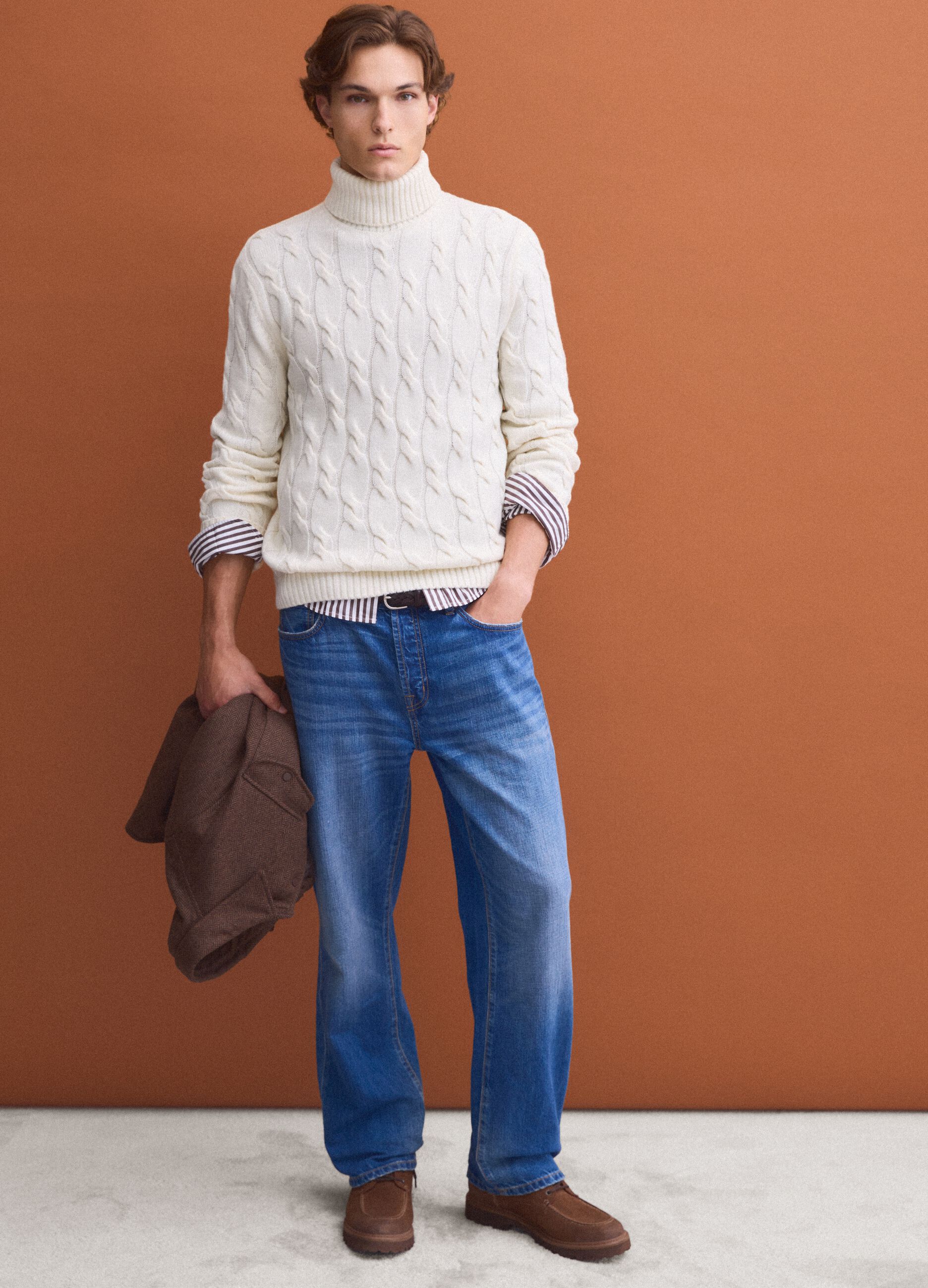 White wool-blend cable-knit turtleneck jumper, regular fit