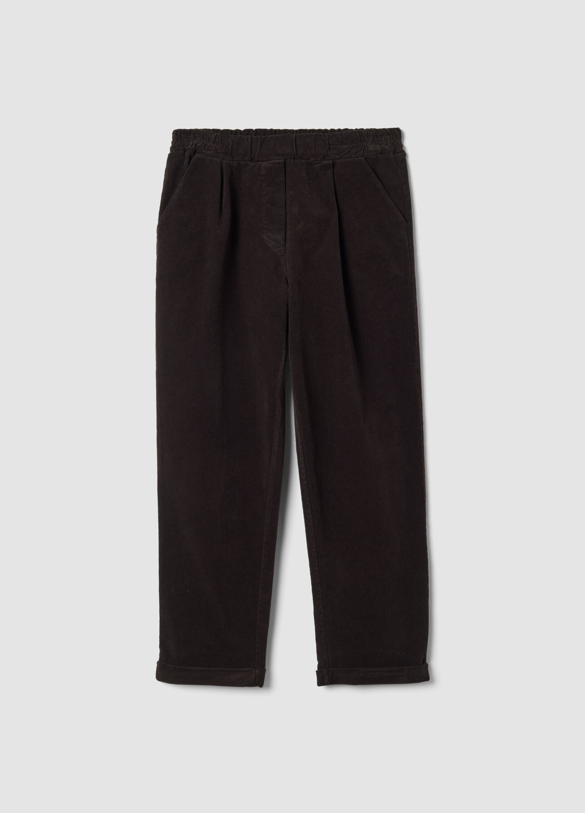 Brown ribbed regular-fit stretch cotton trousers