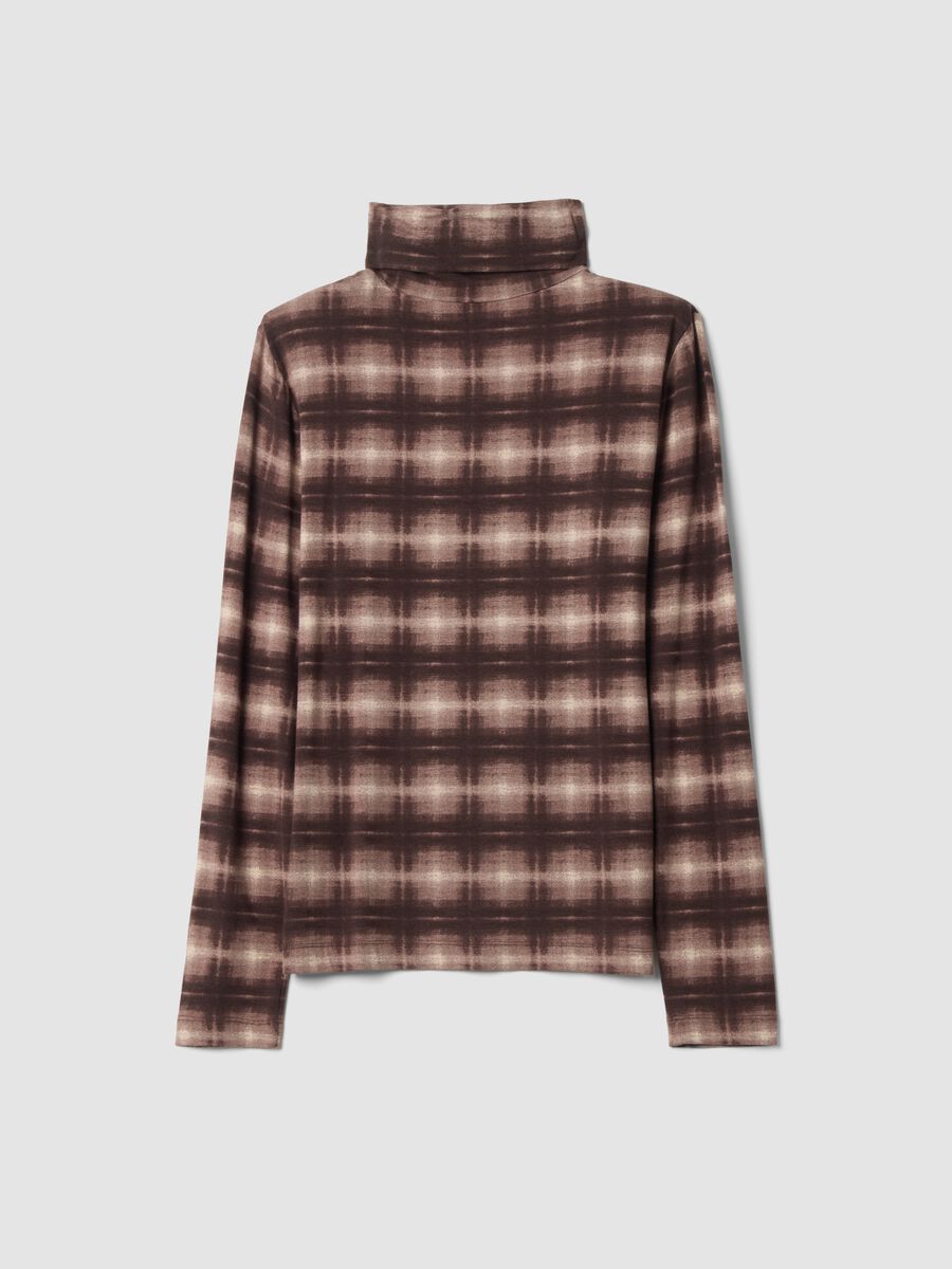 Brown stretch viscose crew-neck checked T-shirt_6