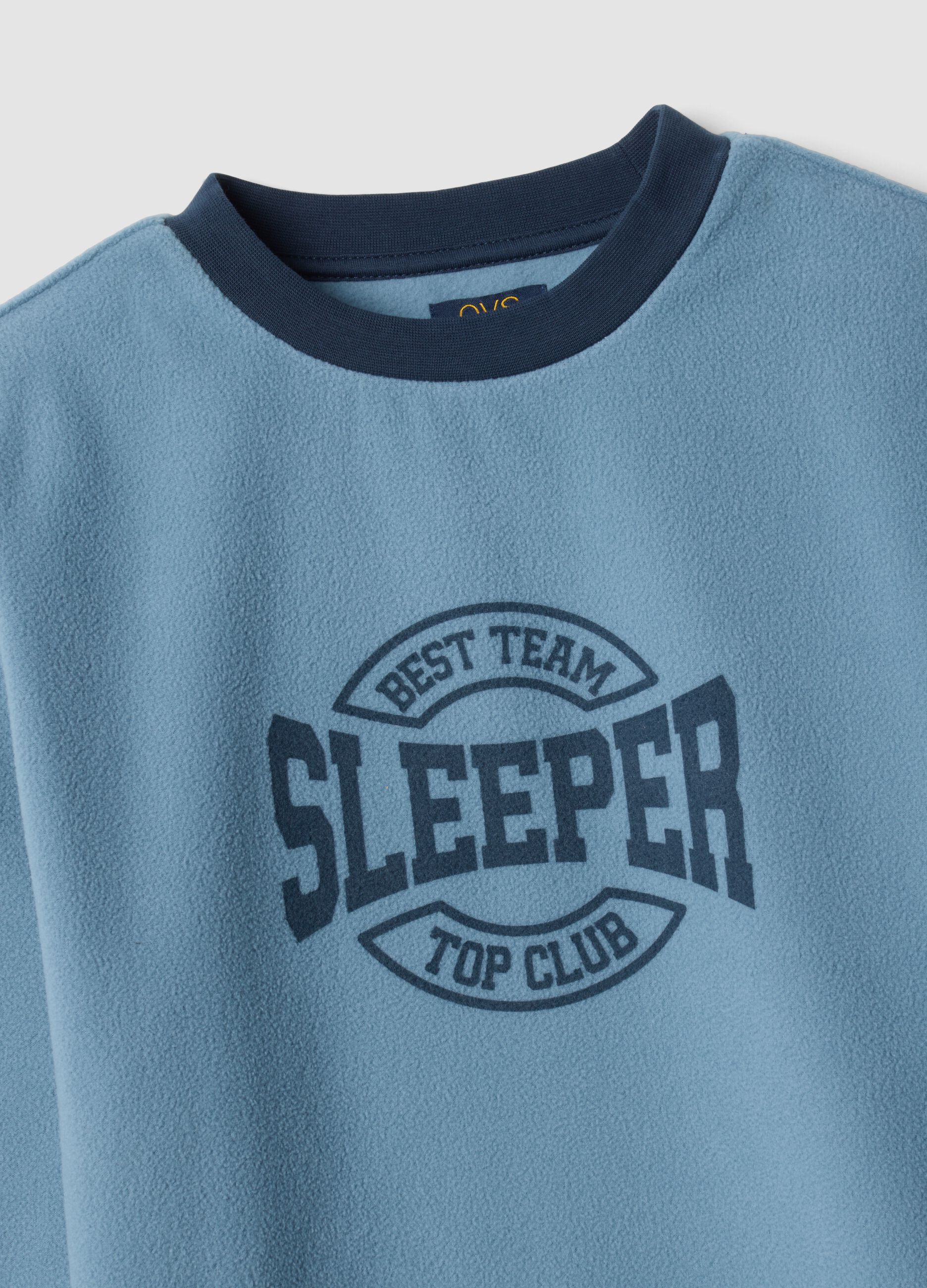 Blue crew-neck fleece pyjamas with long trousers, regular fit