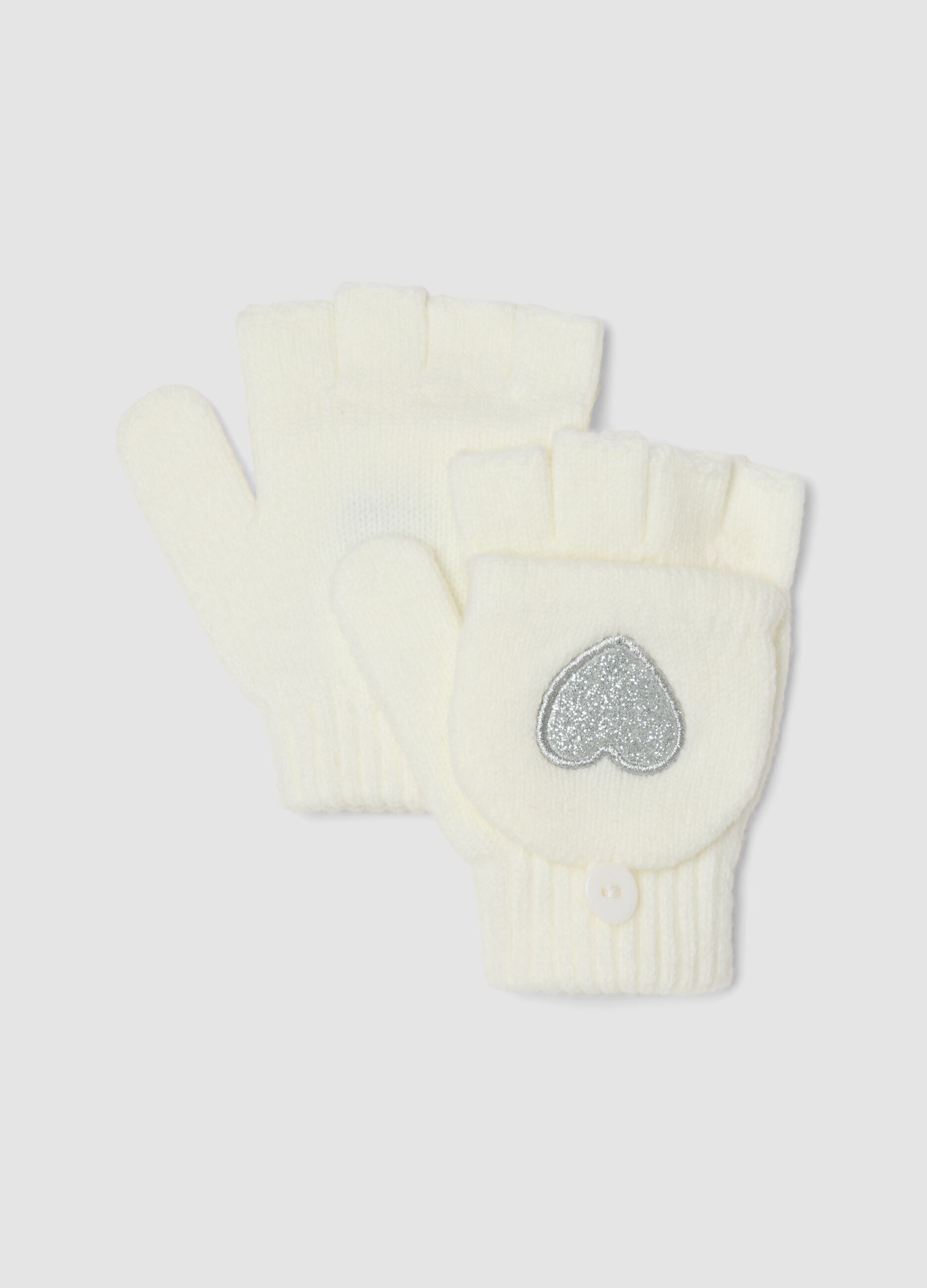 Cream White Stretch Fabric Gloves with Hearts