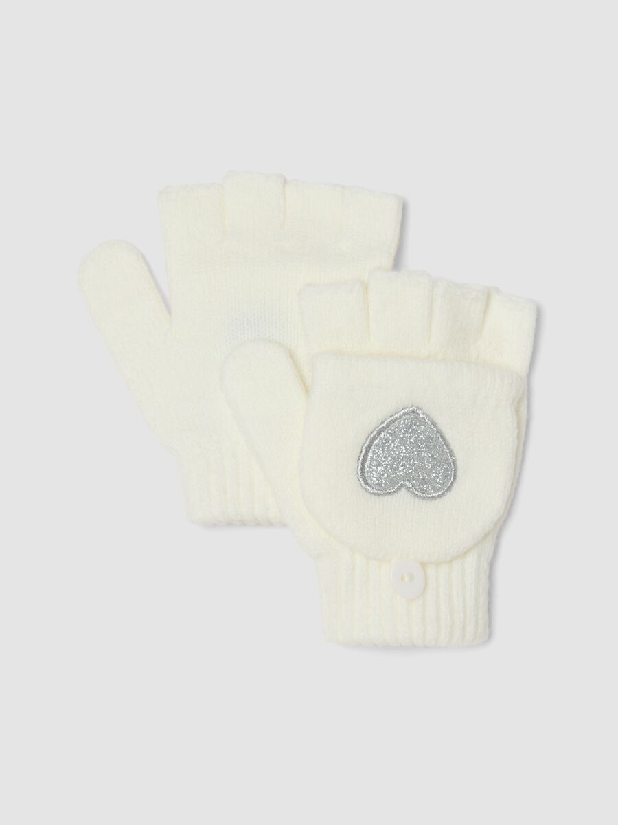 Cream White Stretch Fabric Gloves with Hearts_0