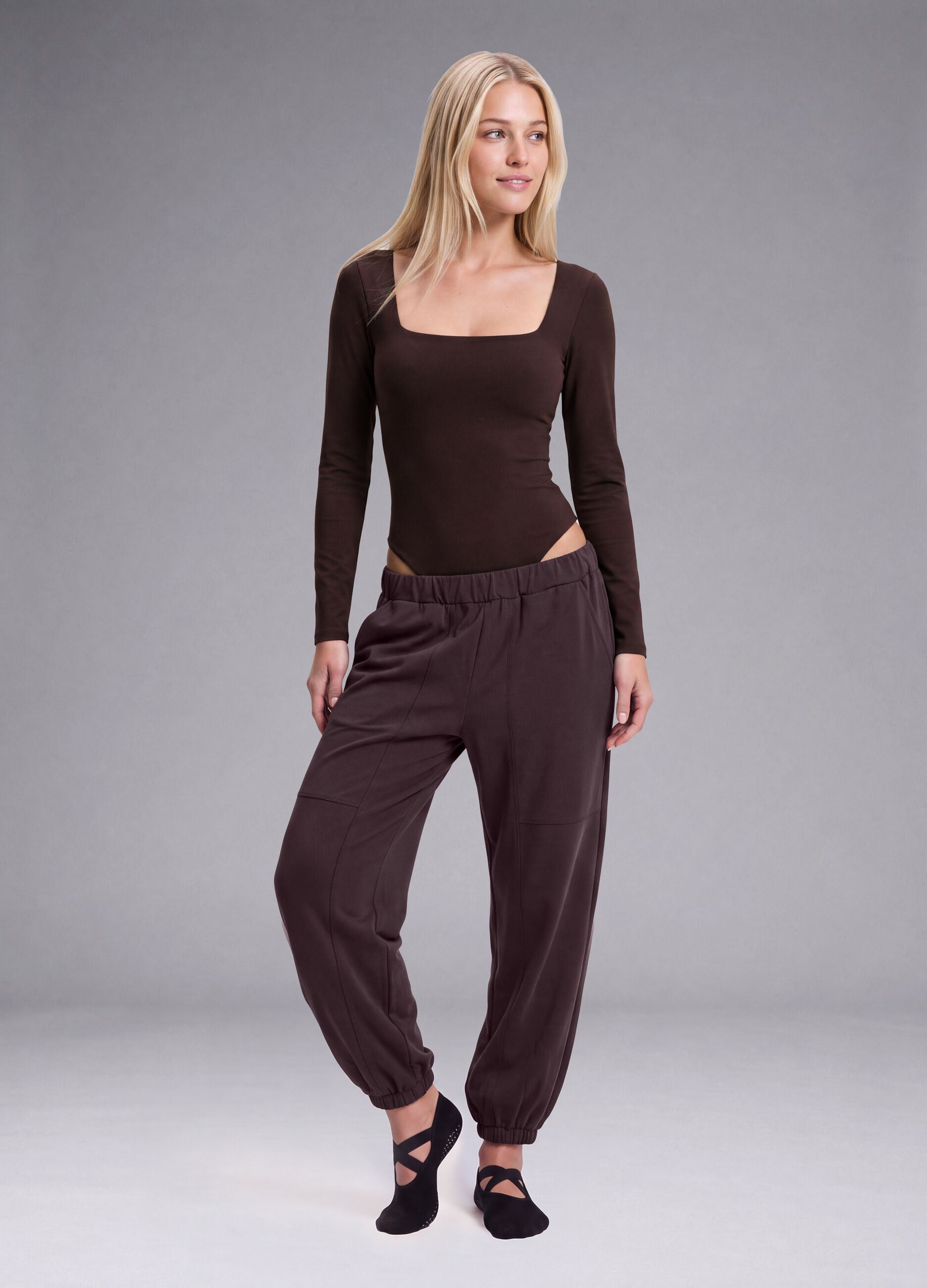 Brown bodysuit in breathable stretch fabric with wide neckline ALTAVIA STUDIO