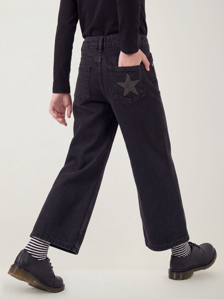Jeans blu wide leg in puro cotone con stelle_2