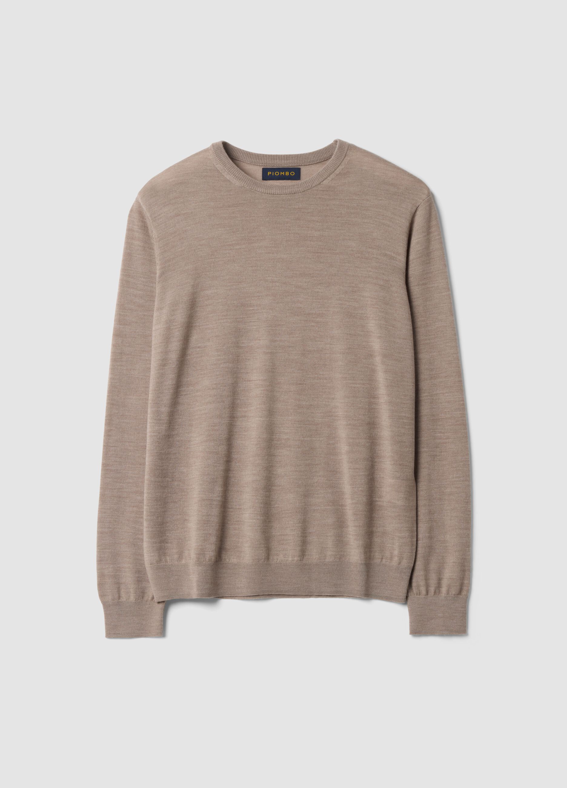 Beige crew-neck jumper in pure merino wool, regular fit