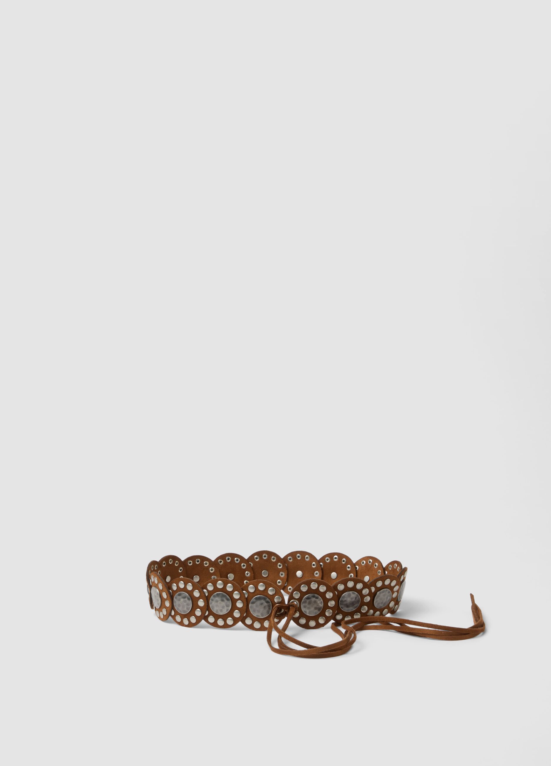Brown belt with decorative discs and ties