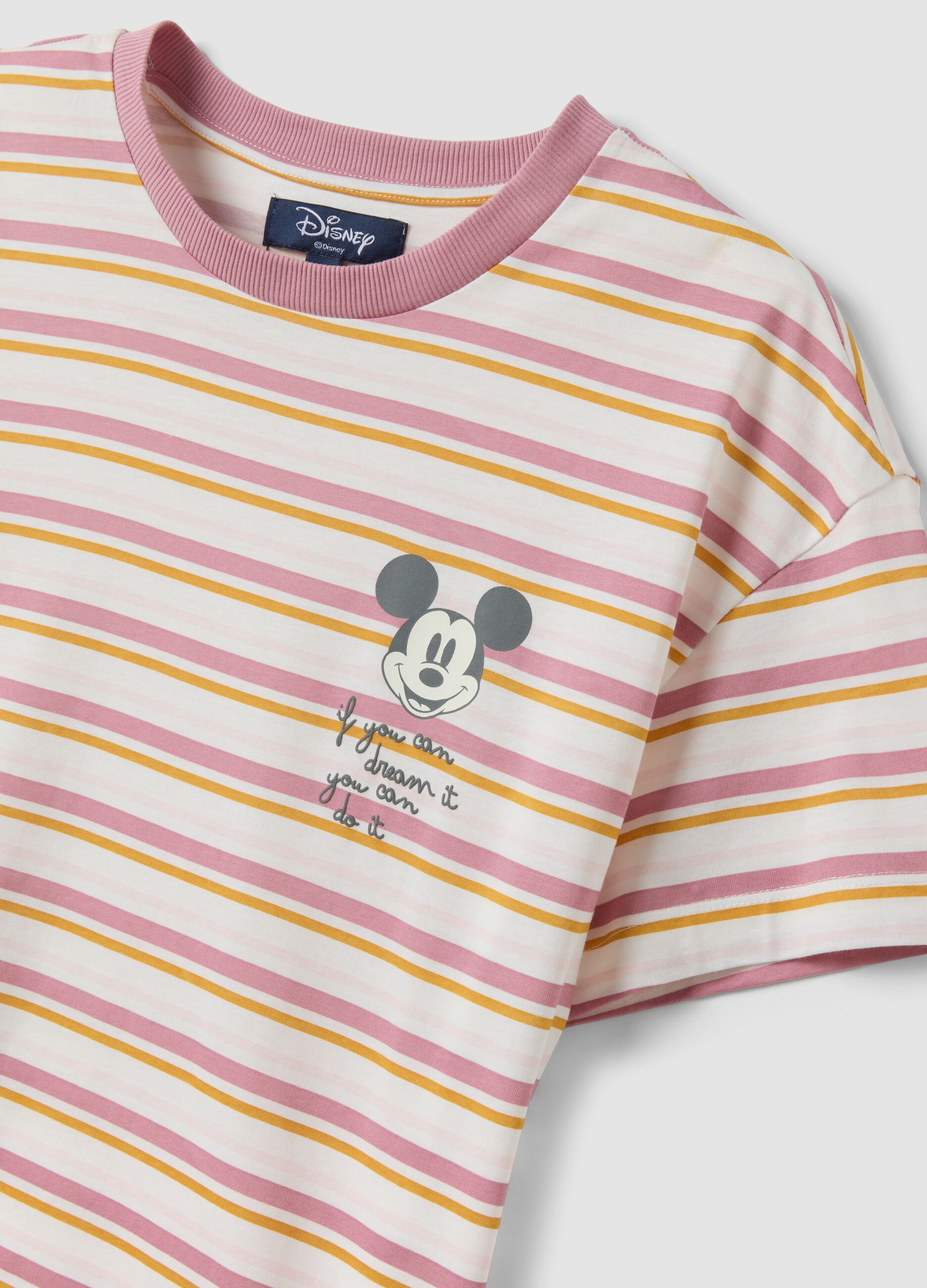 White striped organic cotton pyjama T-shirt with Mickey Mouse print