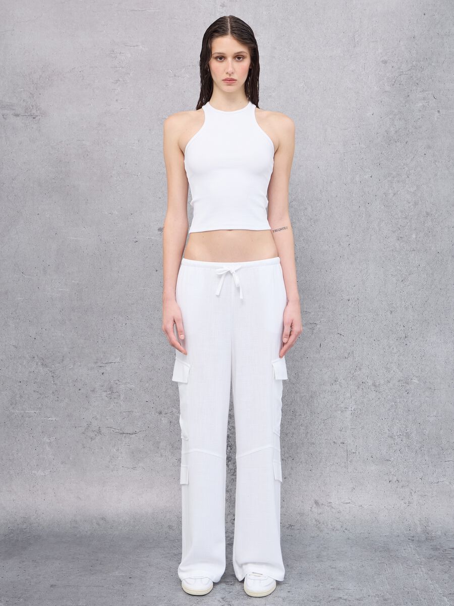 White Linen Wide-Leg Cargo Trousers_0