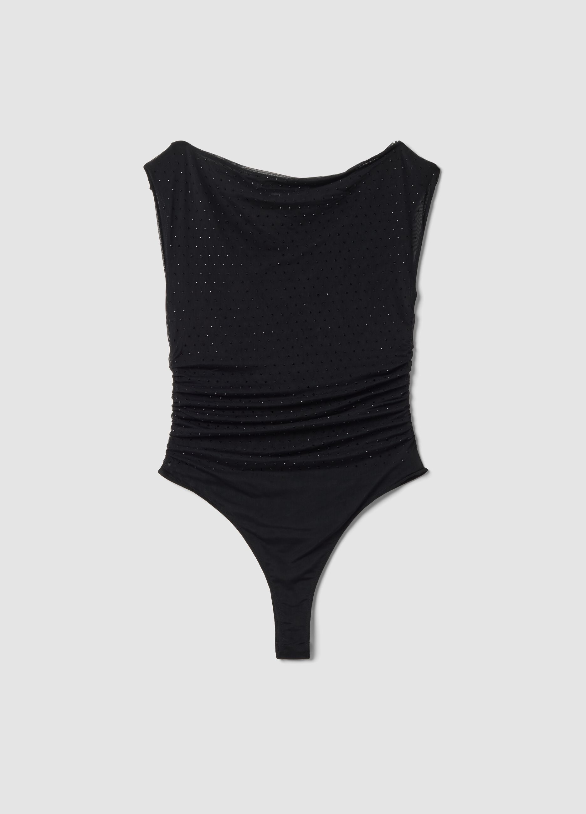 Black fitted stretch bodysuit with rhinestones