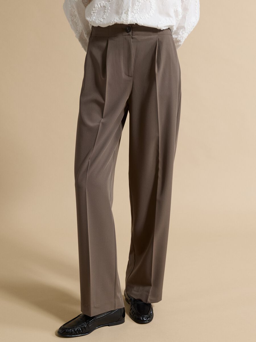 Brown formal stretch-viscose regular-fit trousers_1