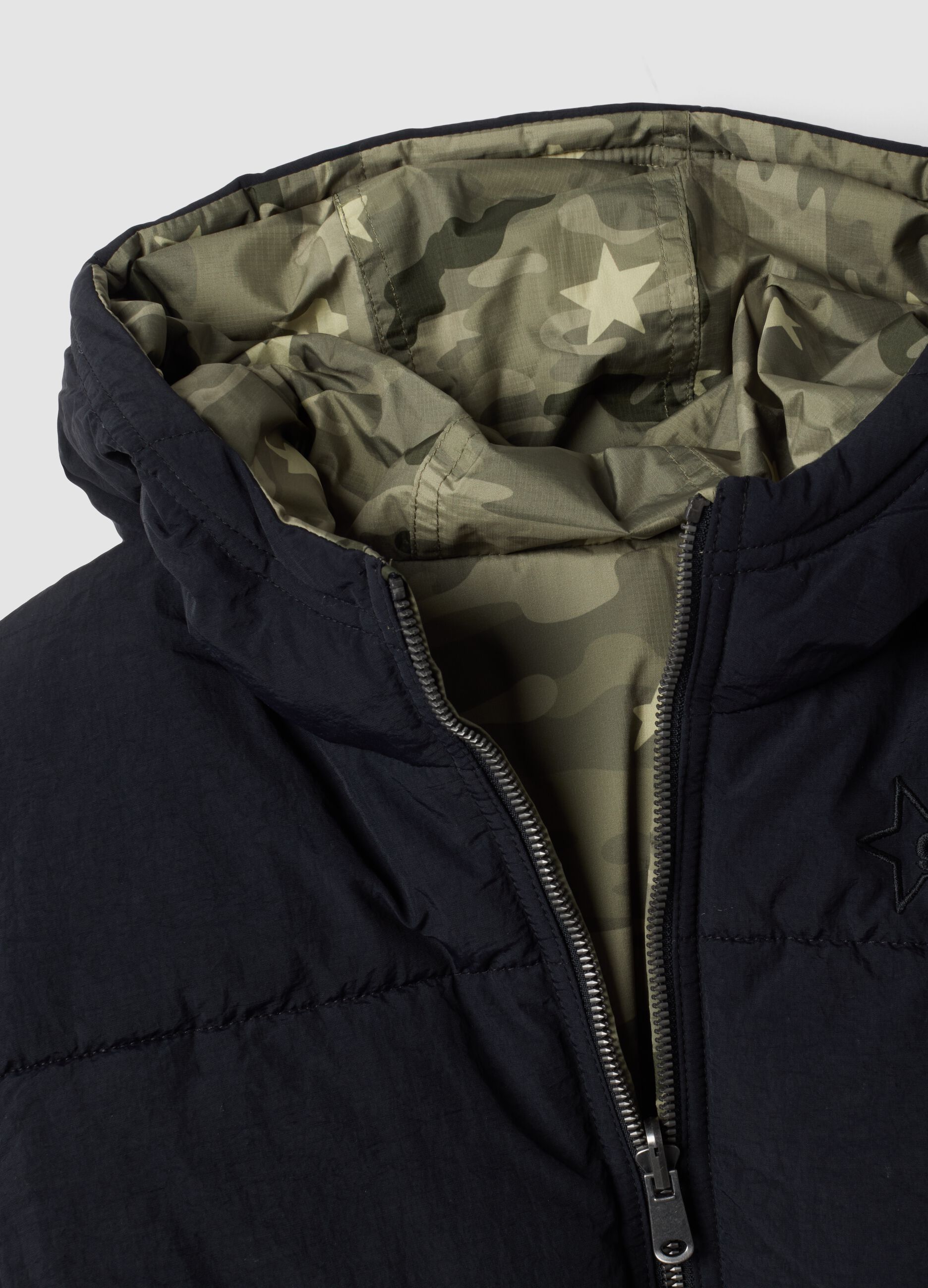 Reversible padded blue hooded jacket