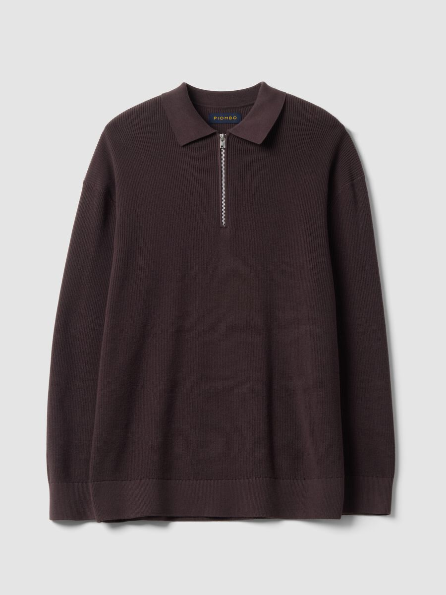 Polo marrone in puro cotone con zip e collo classico_4