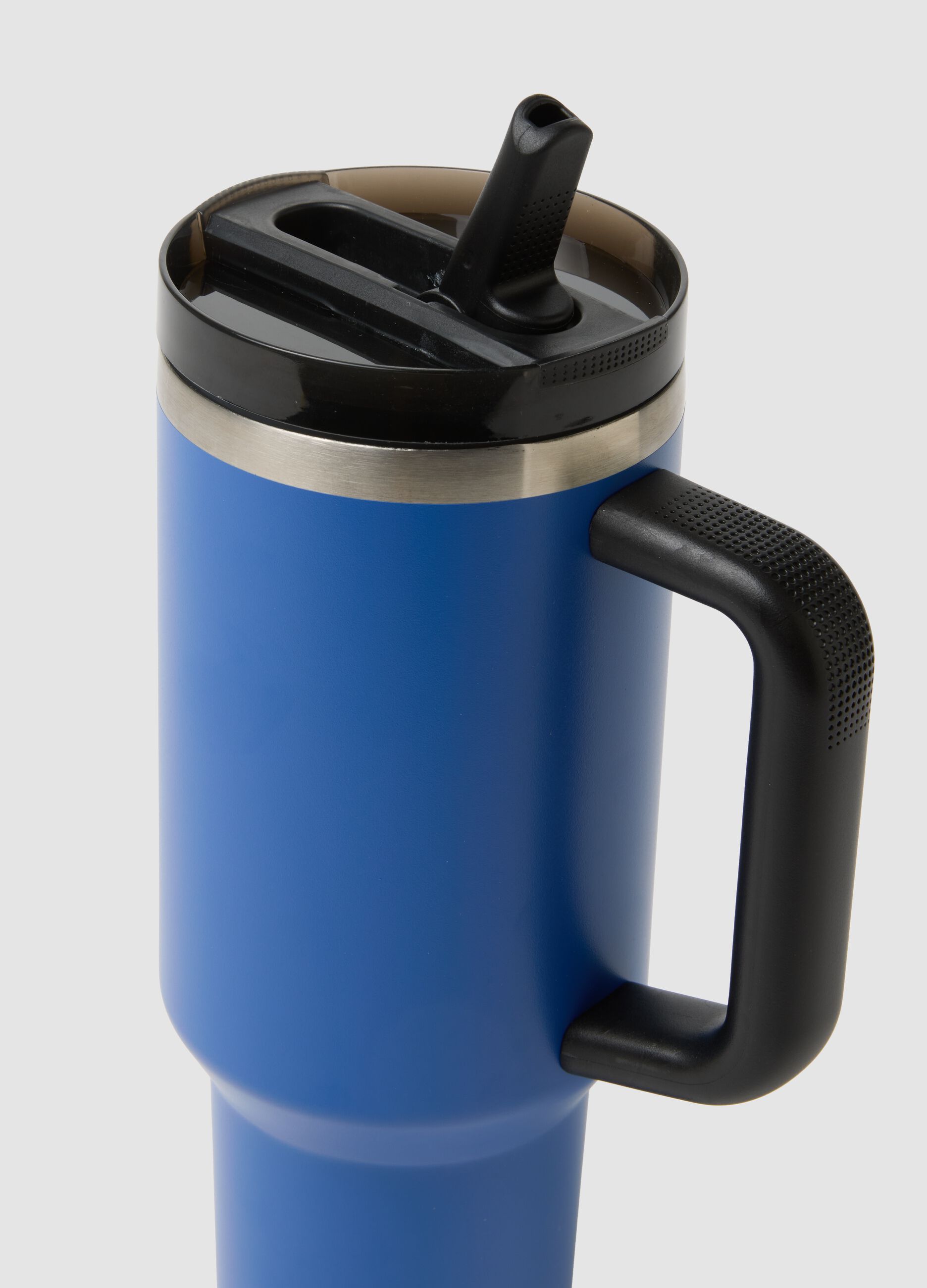Blue insulated water bottle with handle and straw