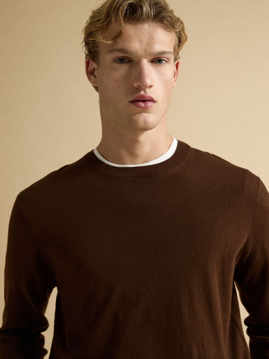 Brown crew-neck jumper in cotton and cashmere blend, regular fit_2