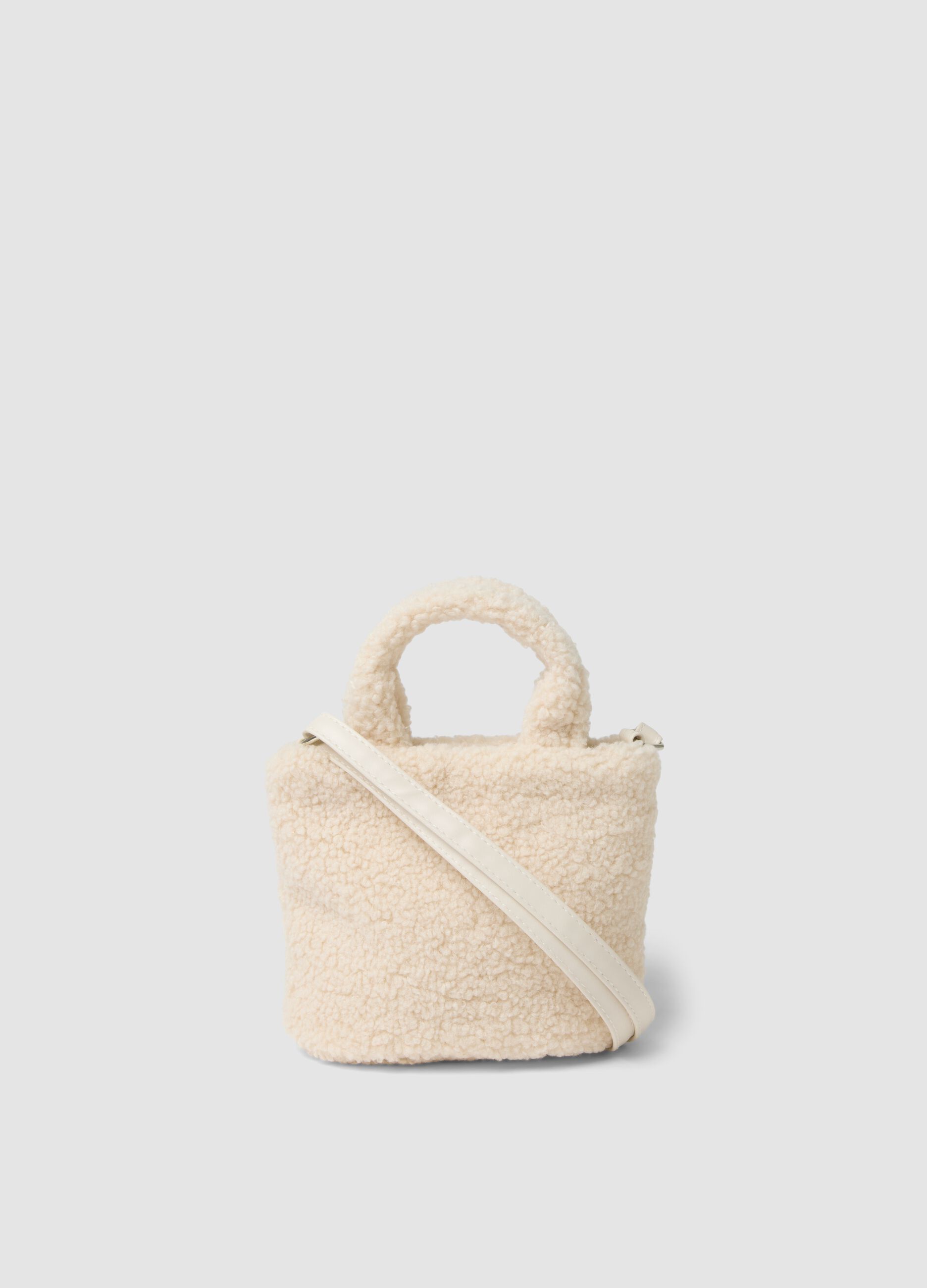 Beige teddy-effect bag with teddy bear applique