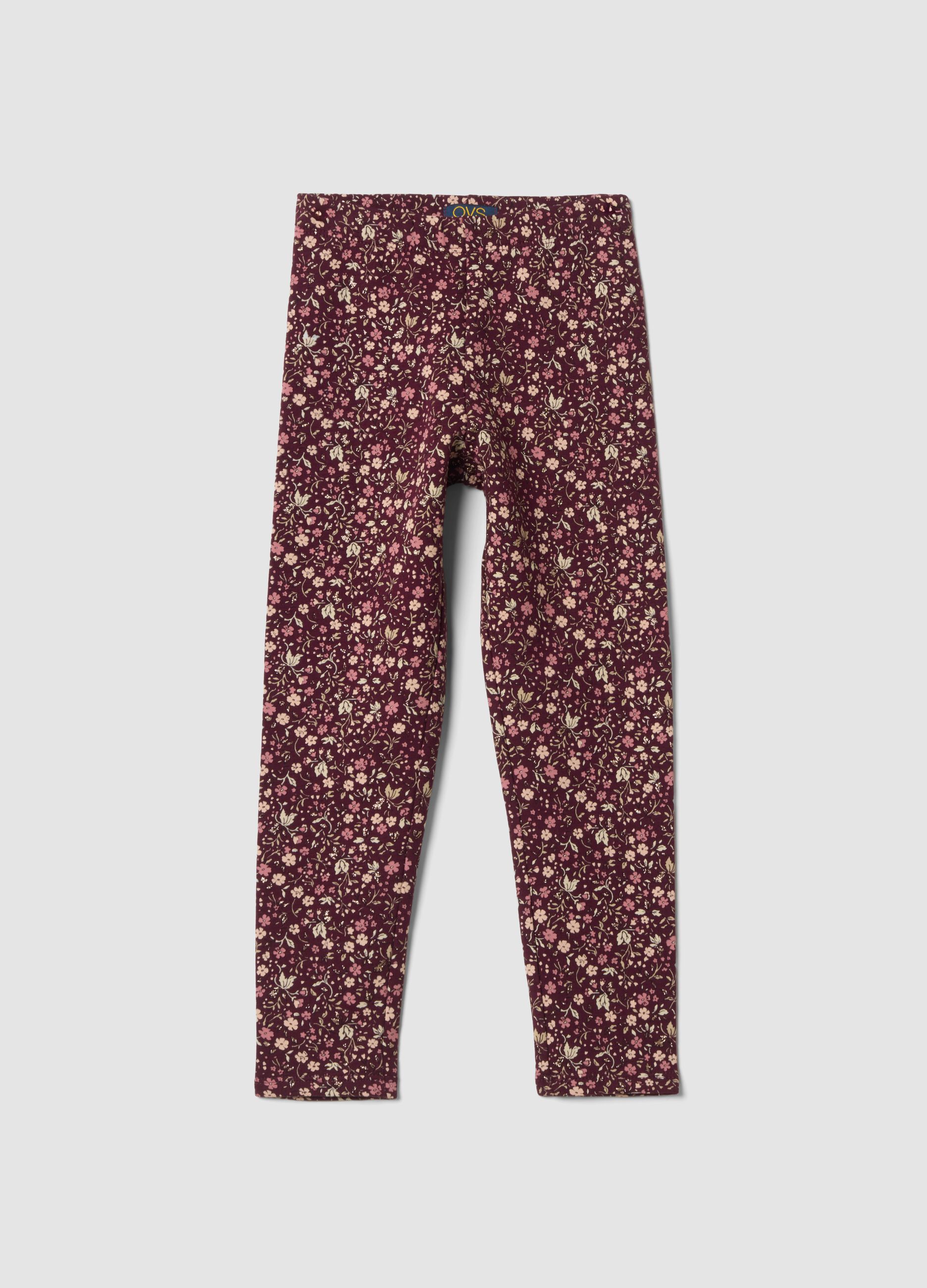 Leggings viola skinny in cotone organico elasticizzato con fantasia floreale