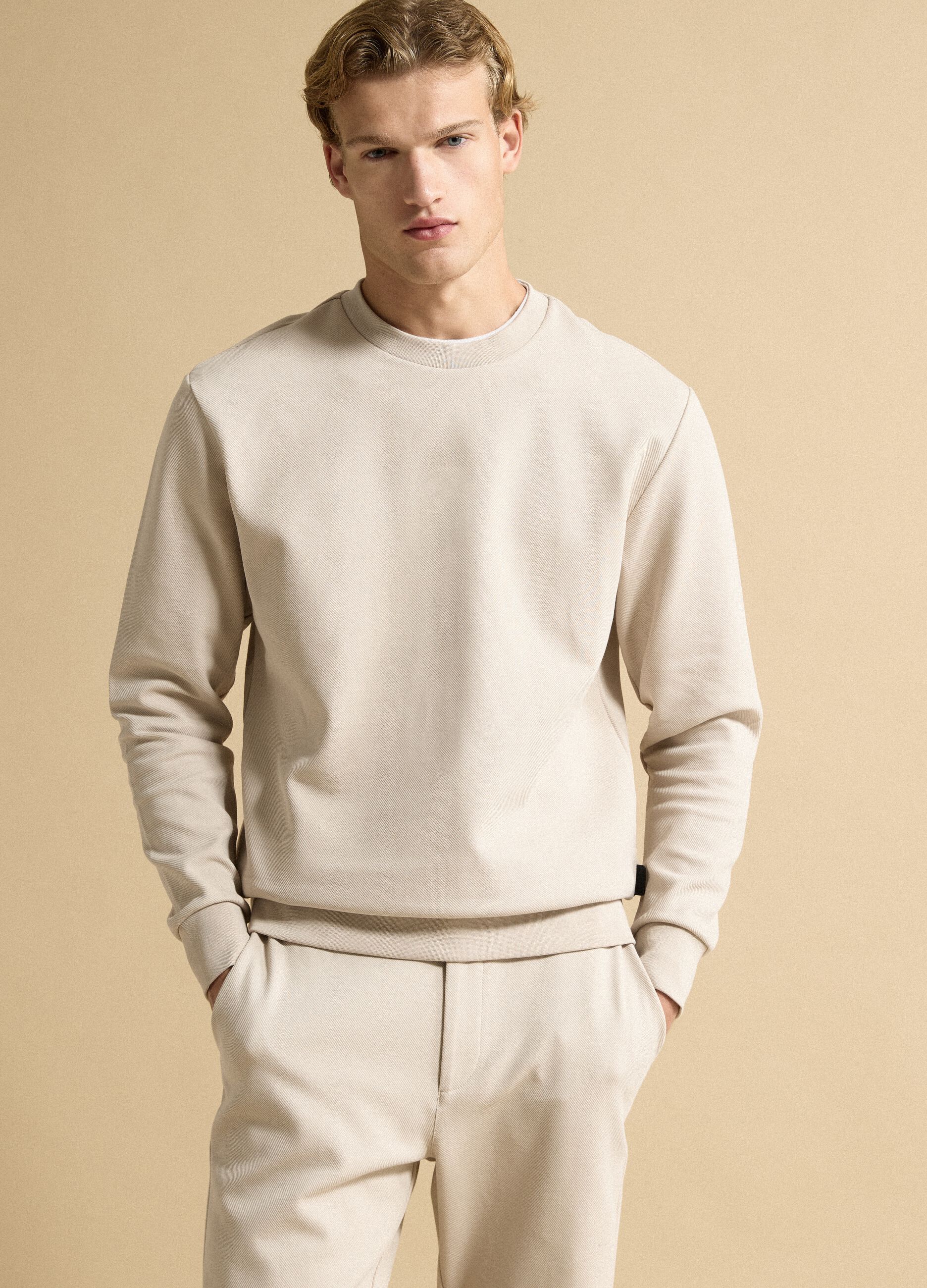 Beige stretch-cotton relaxed-fit crew-neck sweatshirt