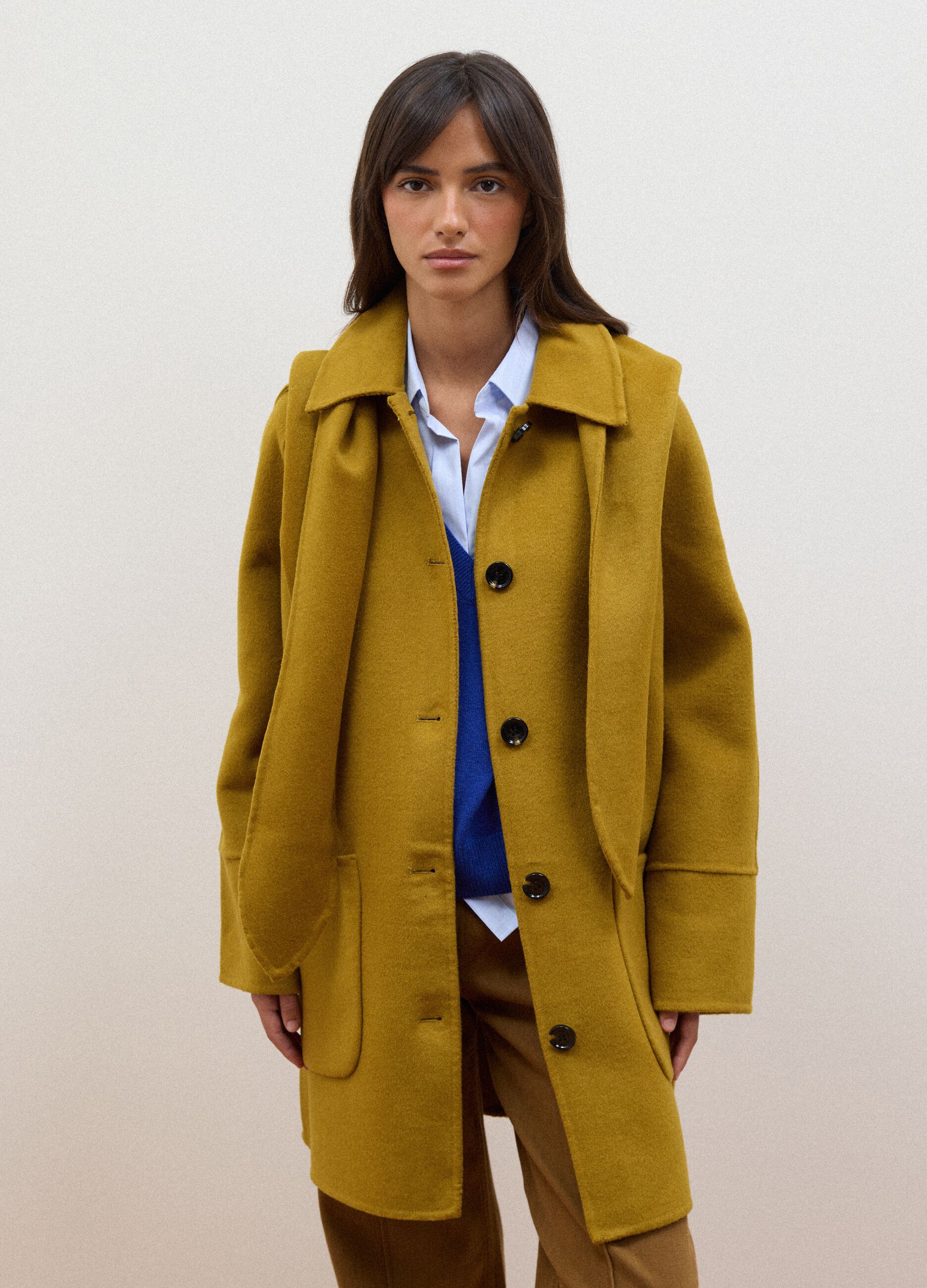 Yellow wool-blend coat with button fastening