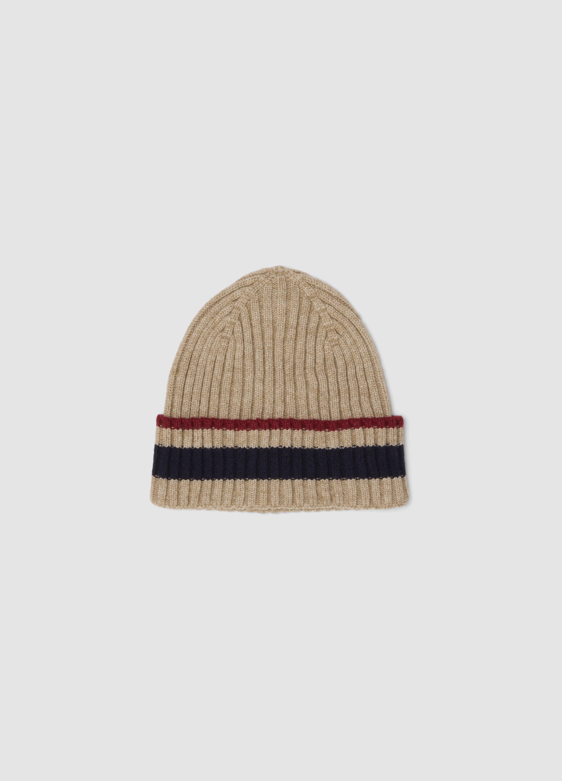 Beige ribbed viscose and wool blend beanie