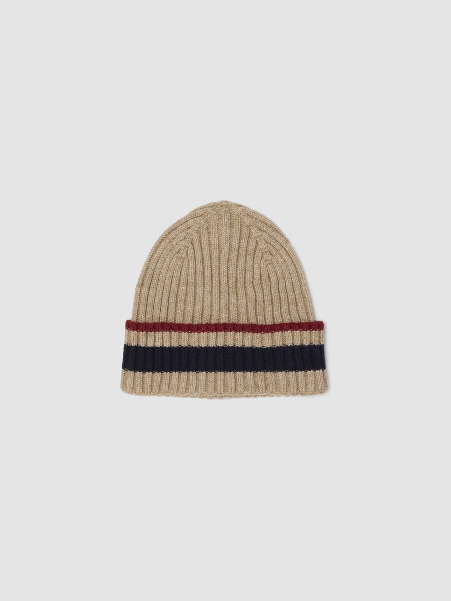 Beige ribbed viscose and wool blend beanie_0