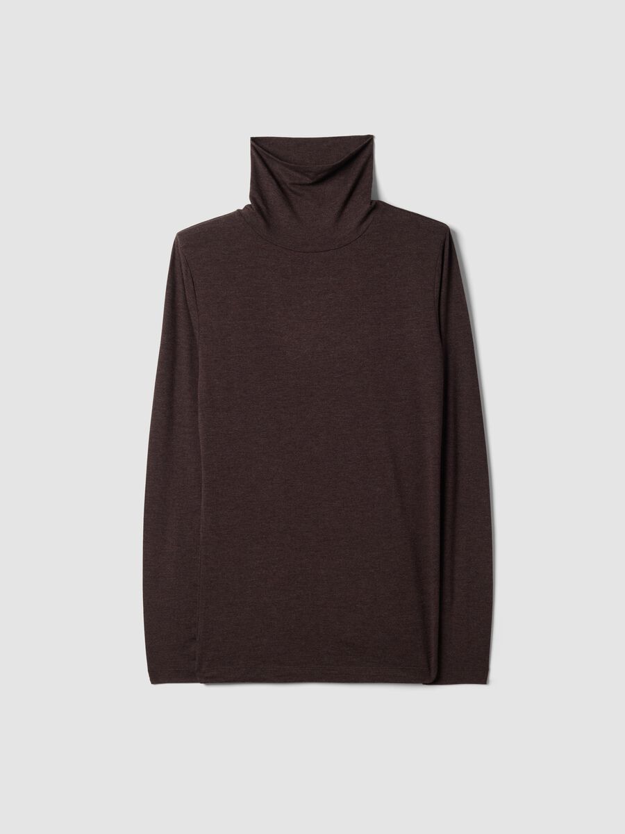 Brown stretch viscose top with mock neck, regular fit_4