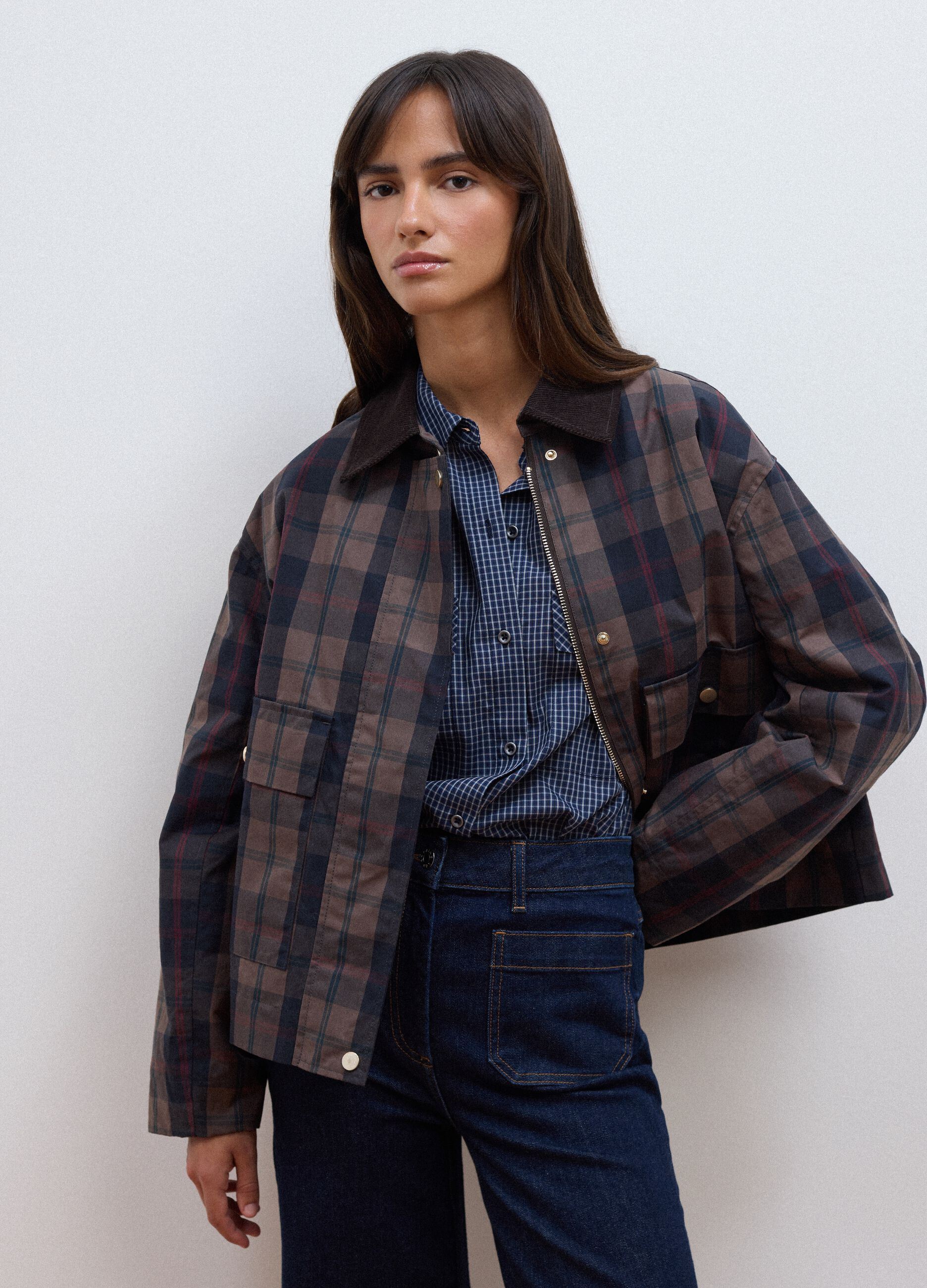 Brown checked padded pure cotton jacket