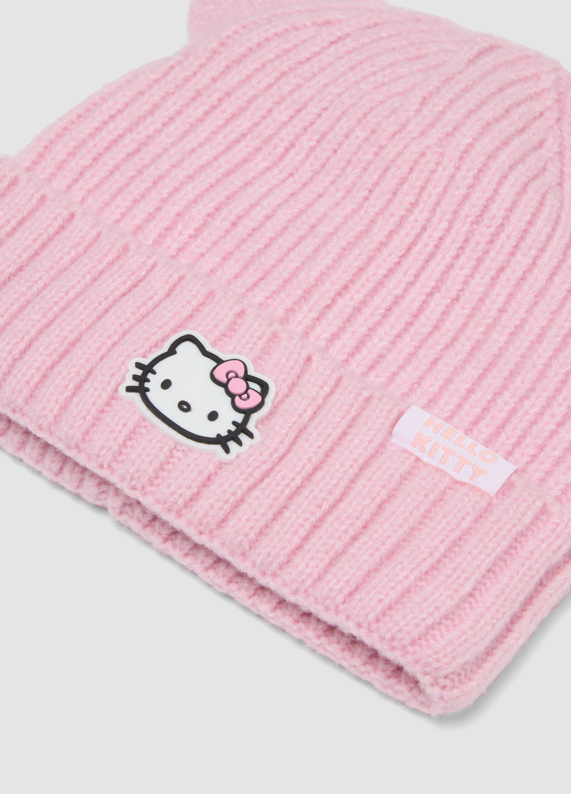 Pink ribbed stretch beanie with Hello Kitty embroidery