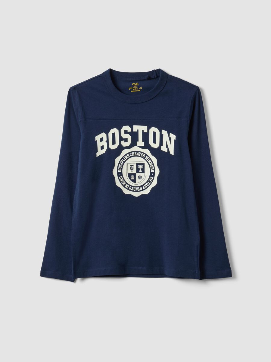 Blue organic cotton T-shirt with college print_0