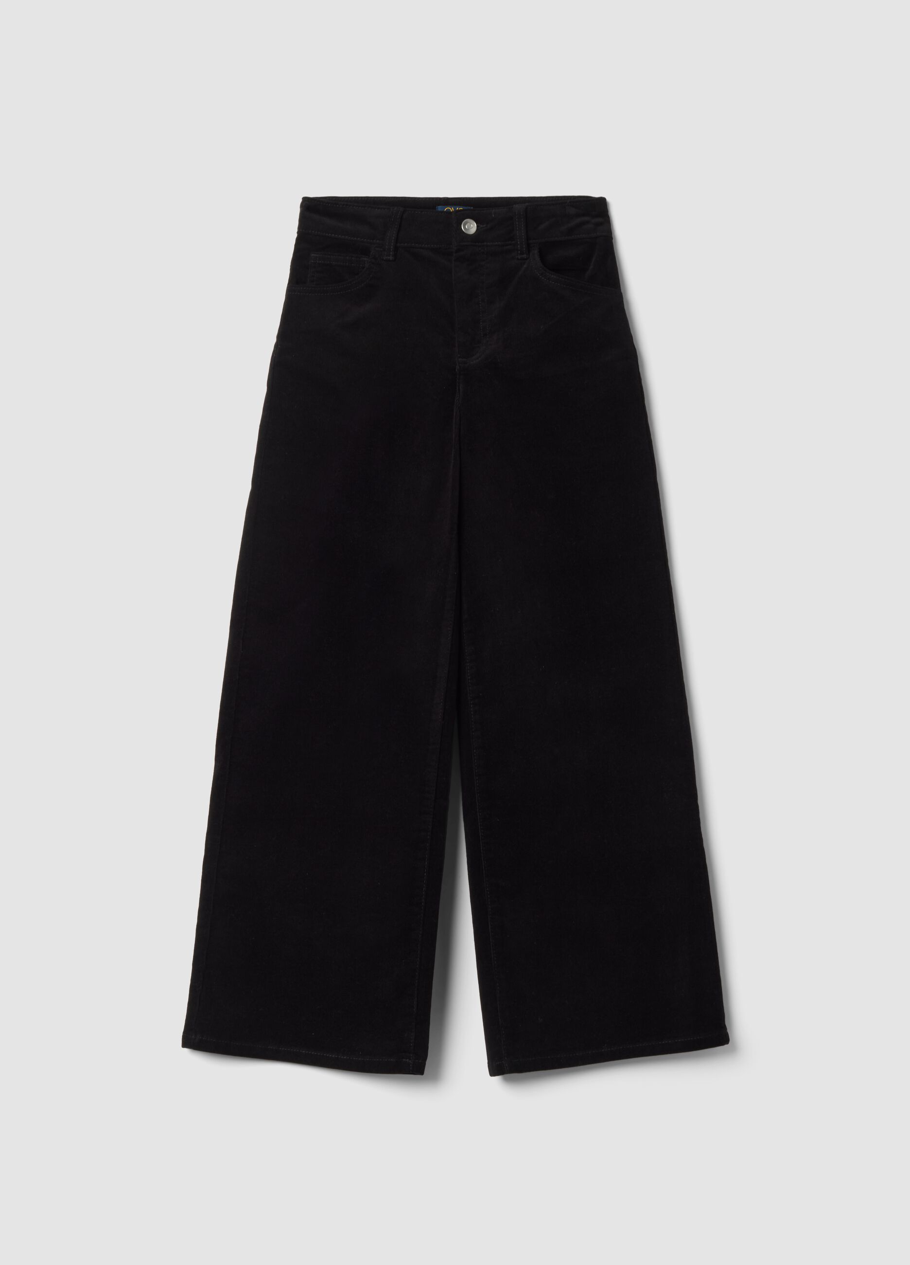 Black wide-leg stretch cotton trousers
