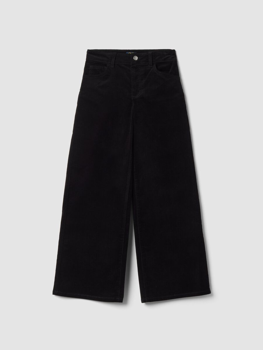Black wide-leg stretch cotton trousers_0