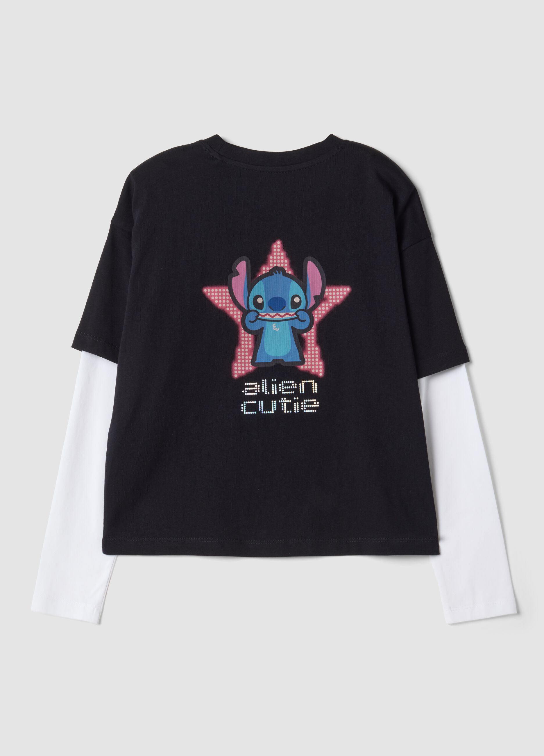 T-shirt nera in puro cotone con collo a costine e stampa Stitch