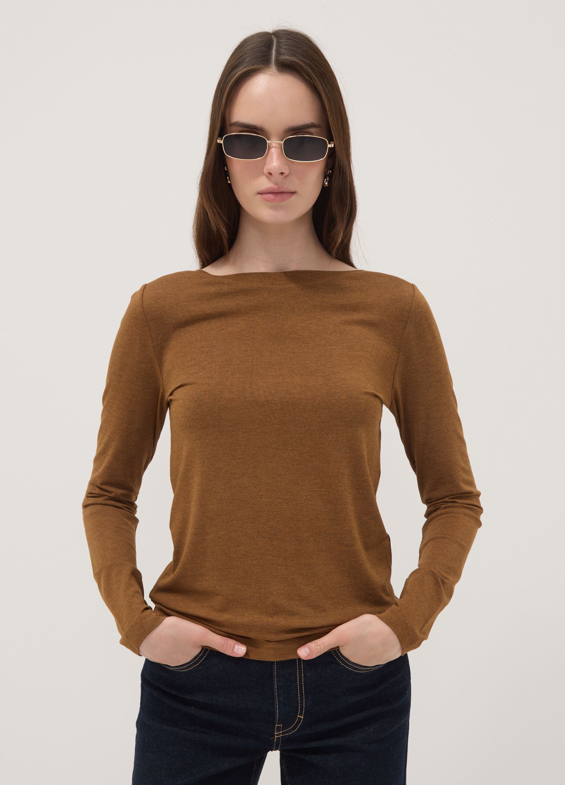Brown slim-fit stretch viscose T-shirt