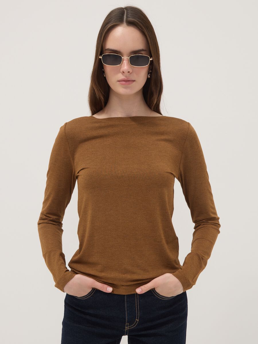 Brown slim-fit stretch viscose T-shirt_0