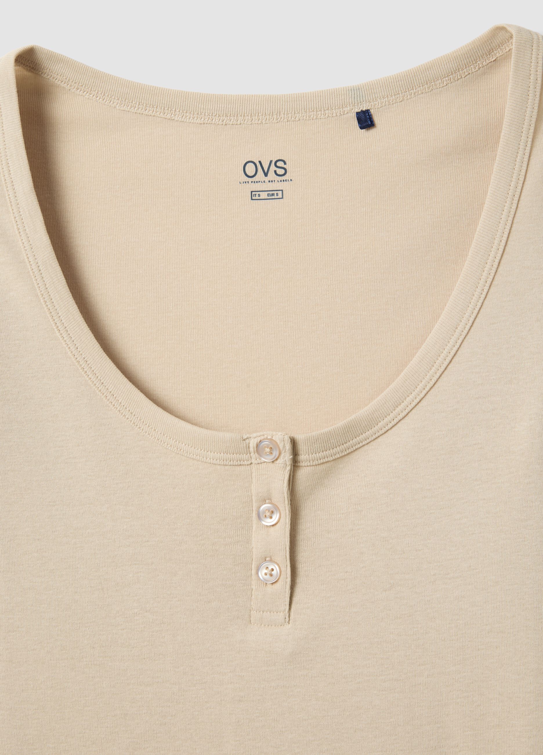 Beige pure cotton T-shirt regular fit with deep Henley neckline