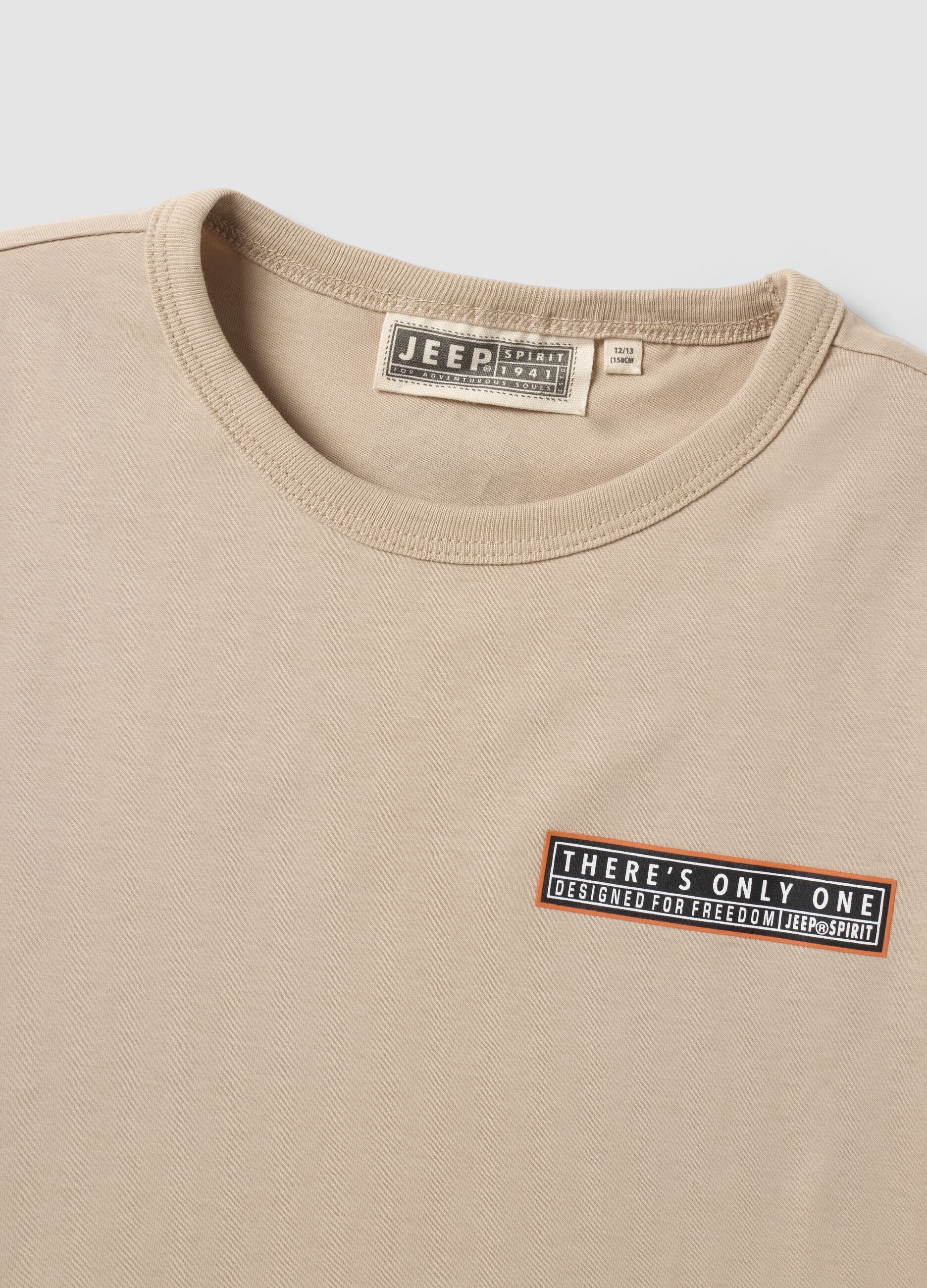 T-shirt beige in puro cotone con stampa fronte e retro