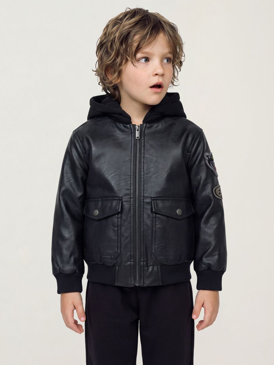 Black padded hooded zip-up jacket for boys_0