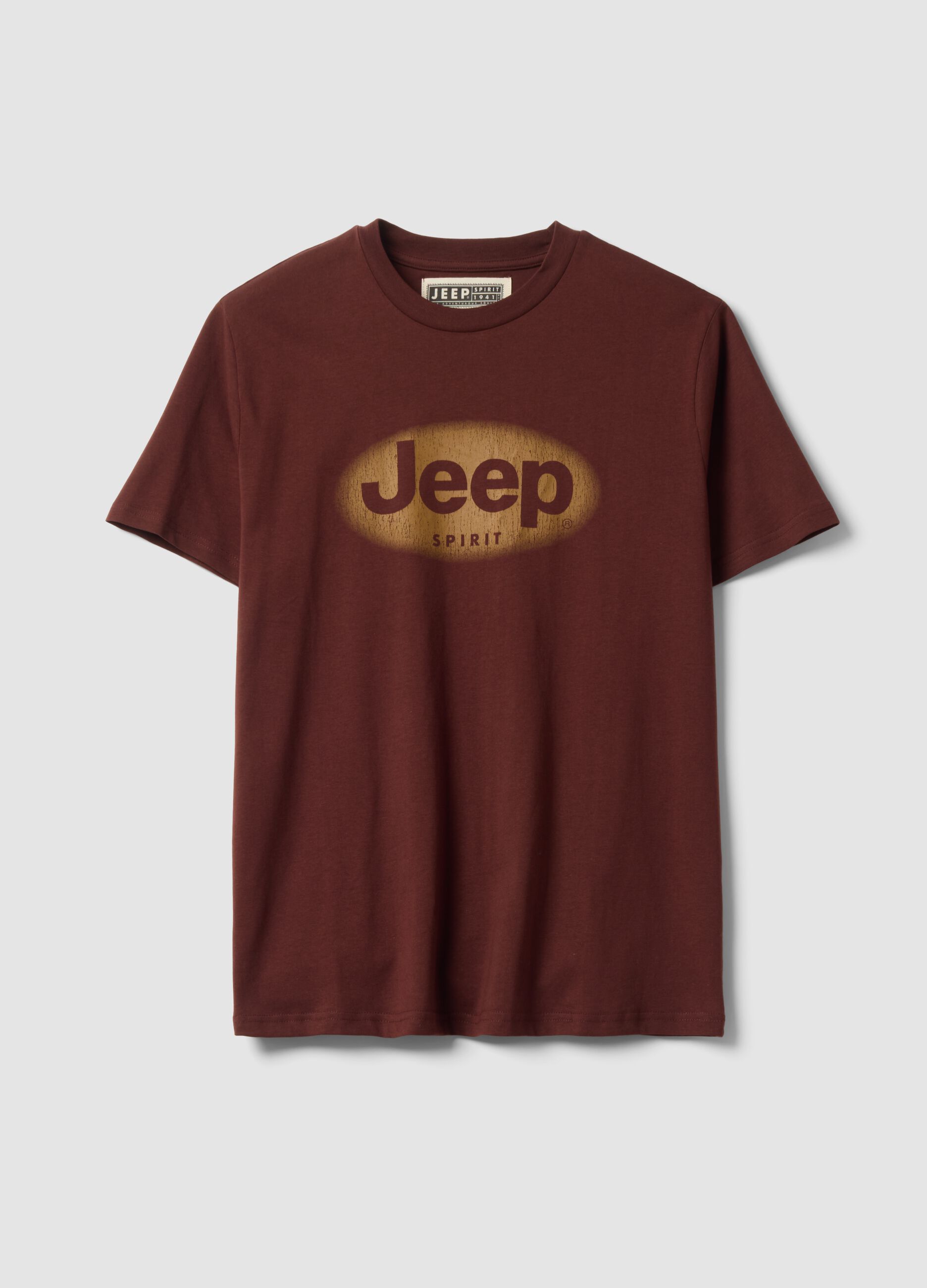 تي شيرت بني من قطن خالص بياقة دائرية وطبعة Jeep