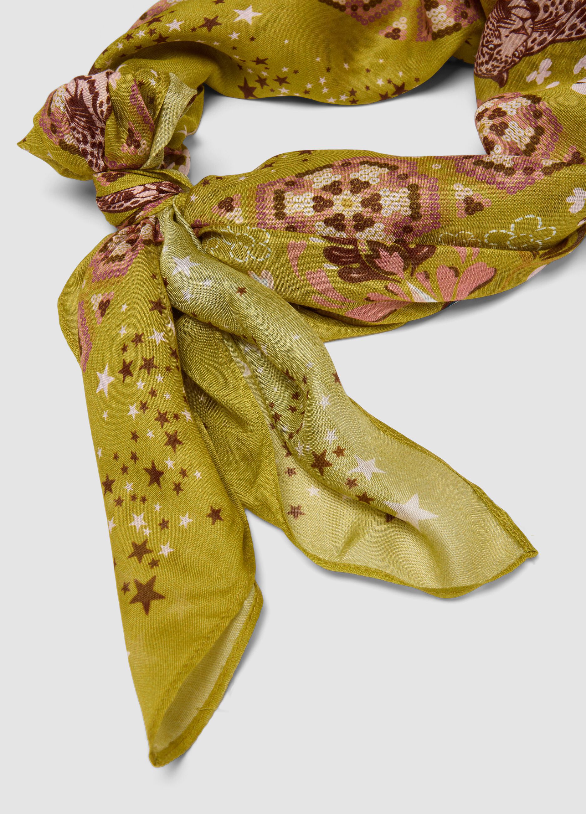 Yellow pure viscose scarf with patterned print