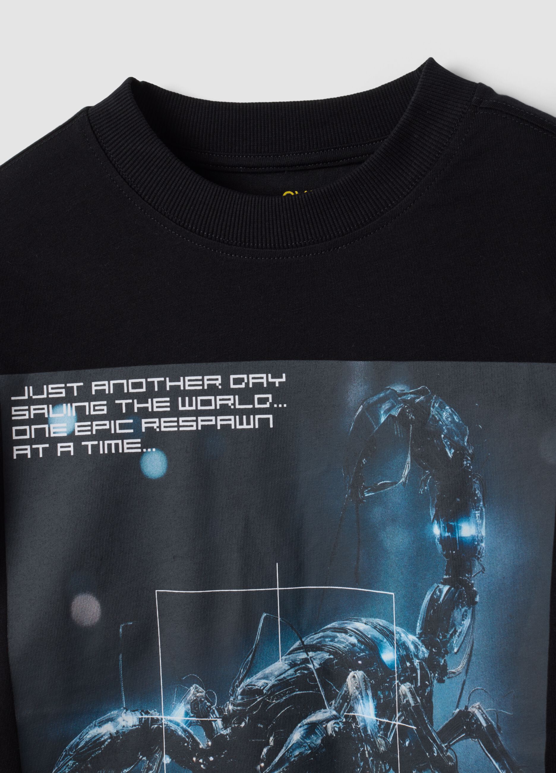 Black pure cotton crew-neck T-shirt with print