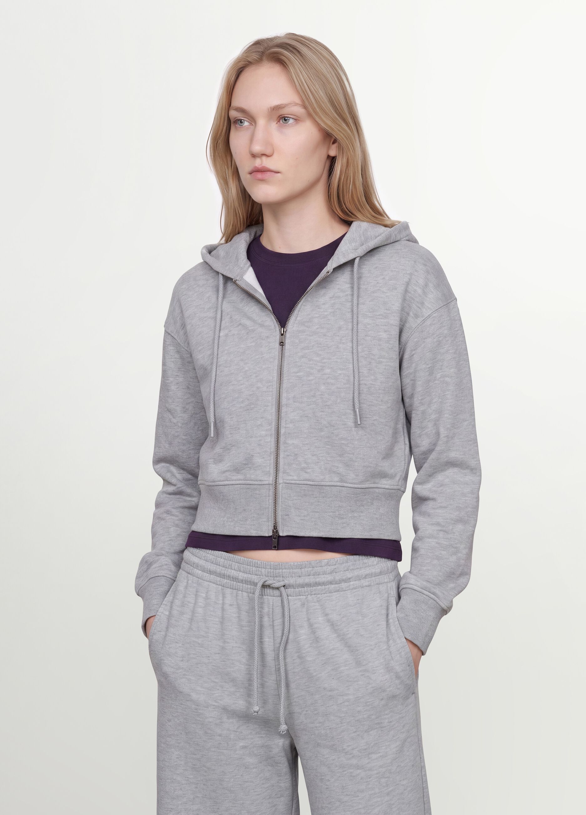 Grey full-zip cotton-blend hoodie, fitted cut