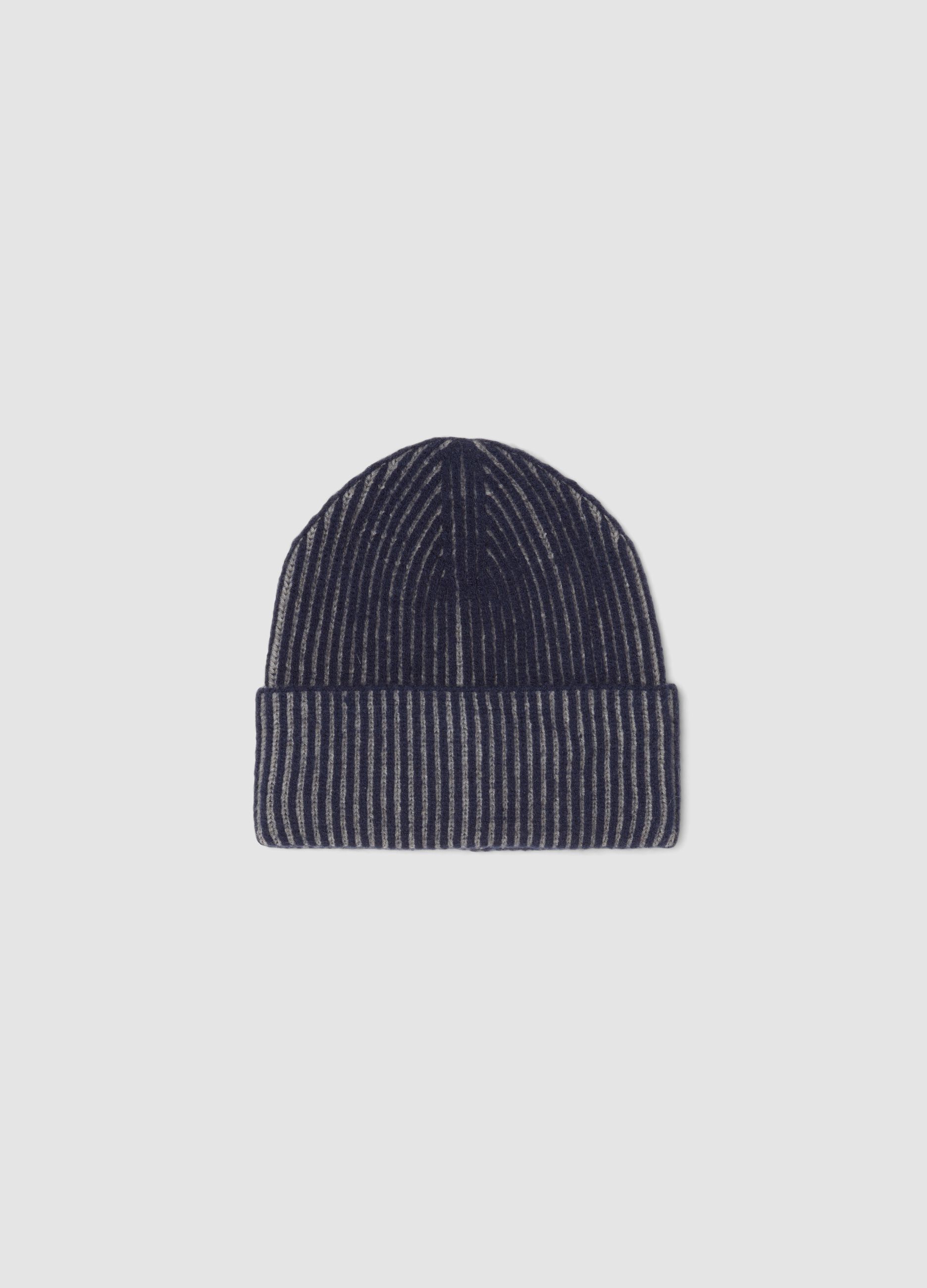 Blue and grey ribbed jersey knit beanie