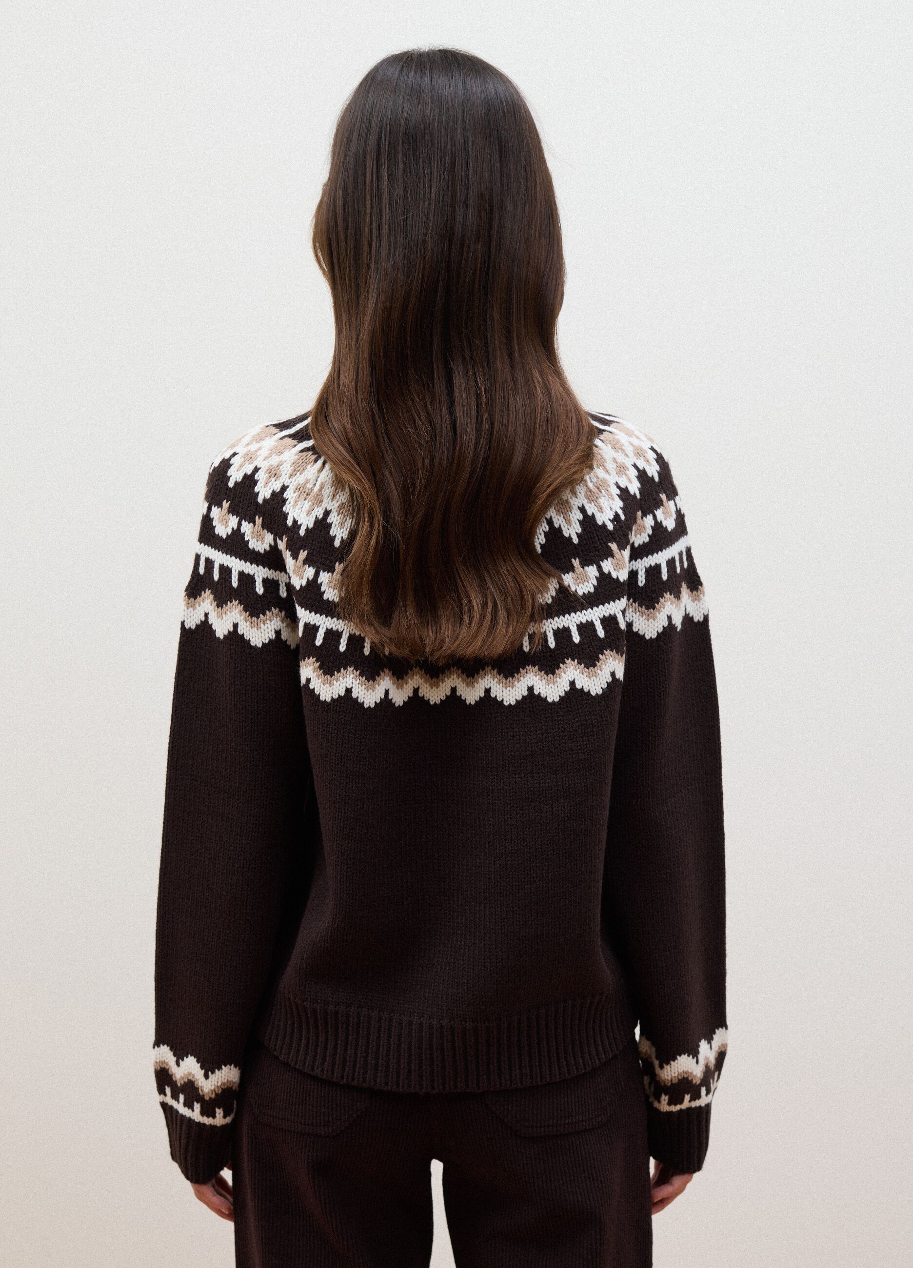 Brown jacquard wool-blend crew-neck jumper, regular fit