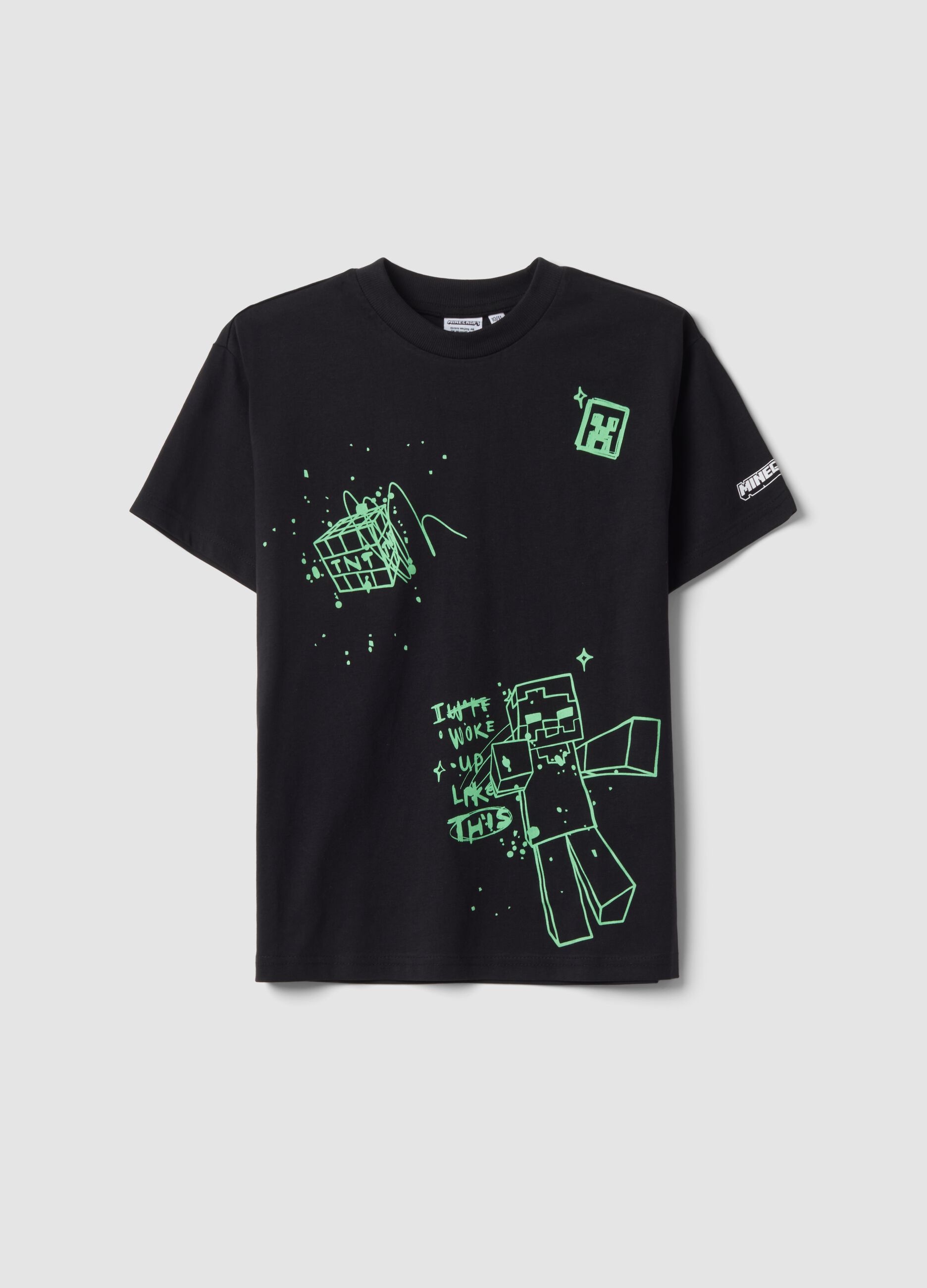 Black pure cotton crew-neck Minecraft print T-shirt