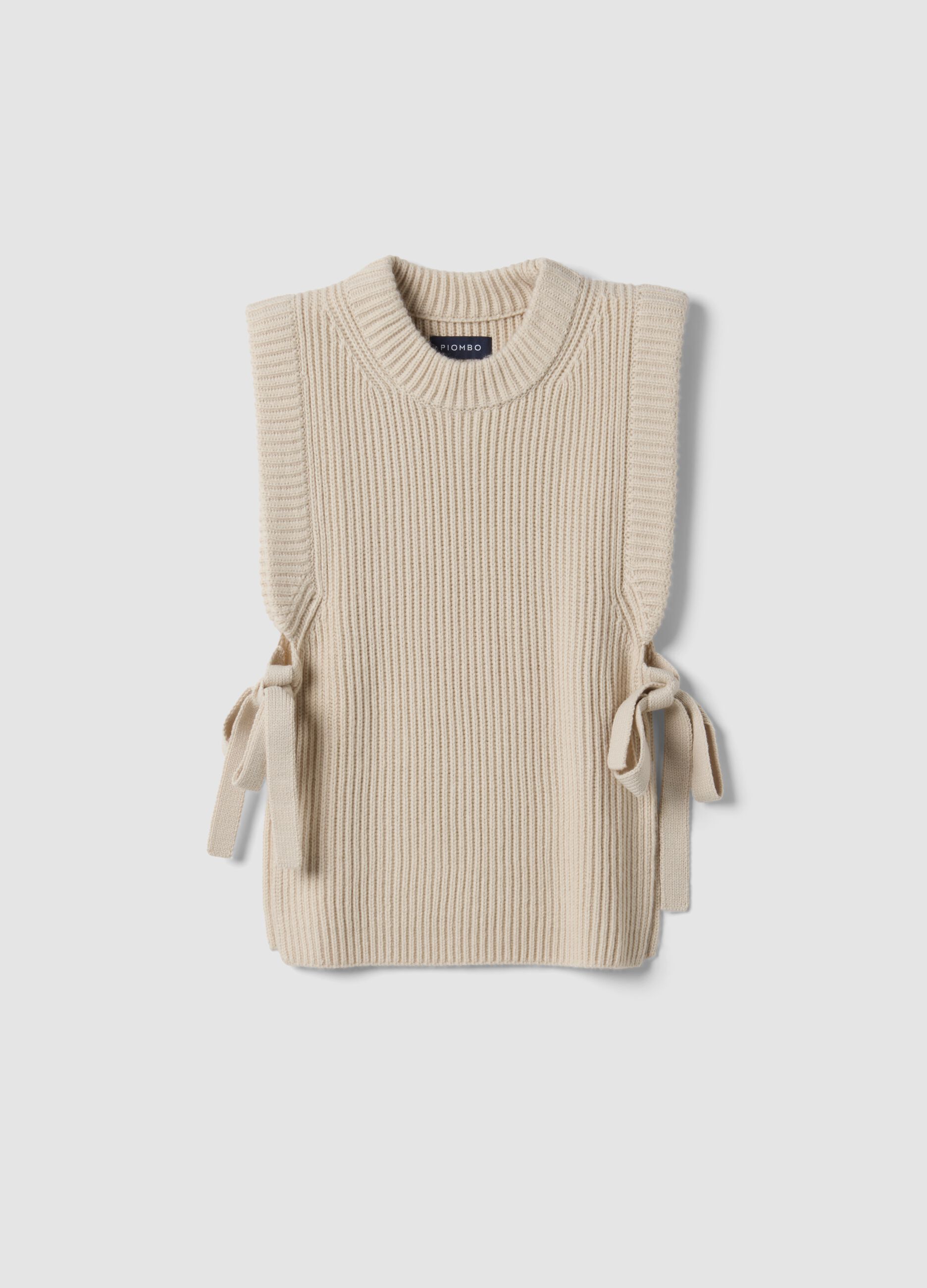 Beige ribbed wool-blend gilet with side ties, regular fit