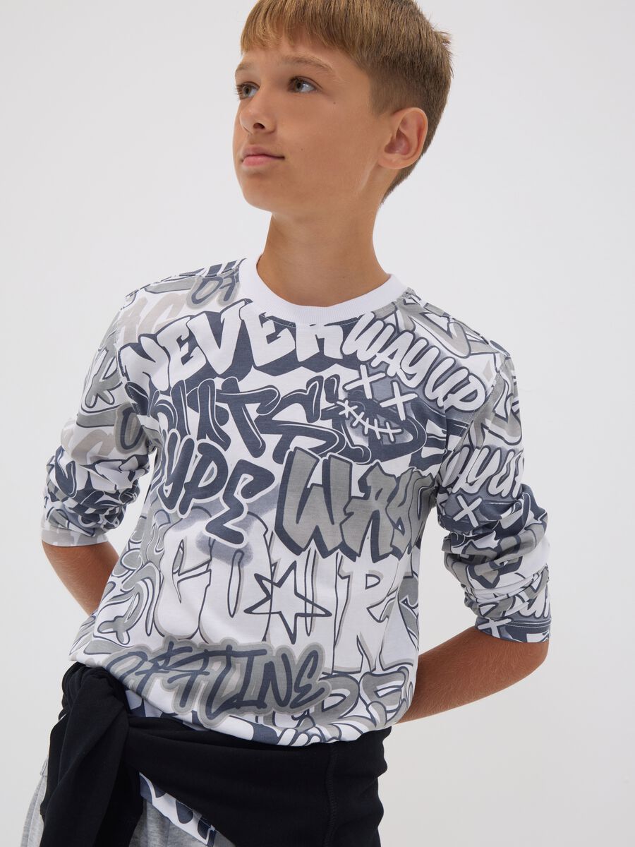 White organic cotton graffiti T-shirt for boys, relaxed fit_0
