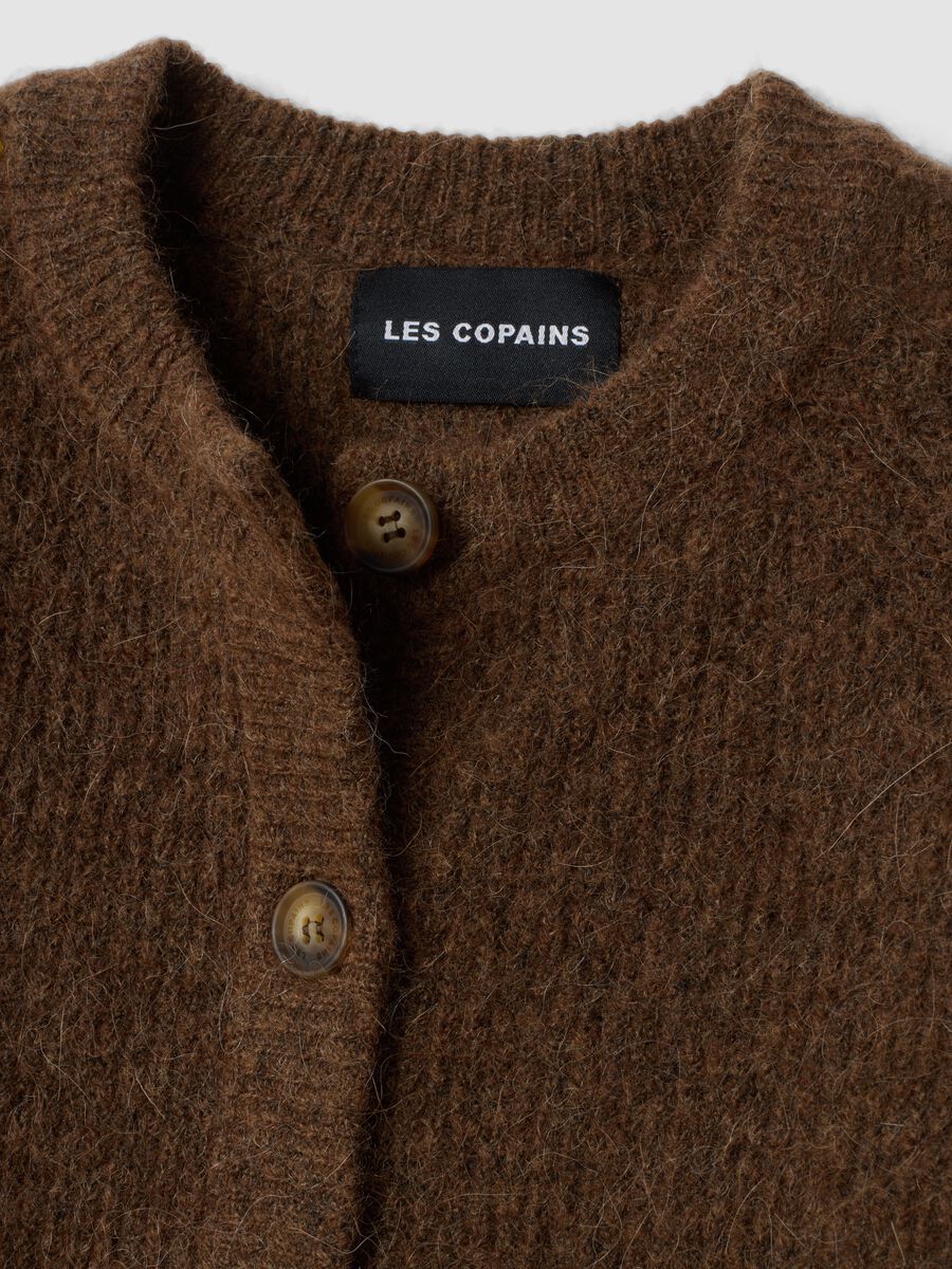 Brown stretchy wool and alpaca crew-neck cardigan_1