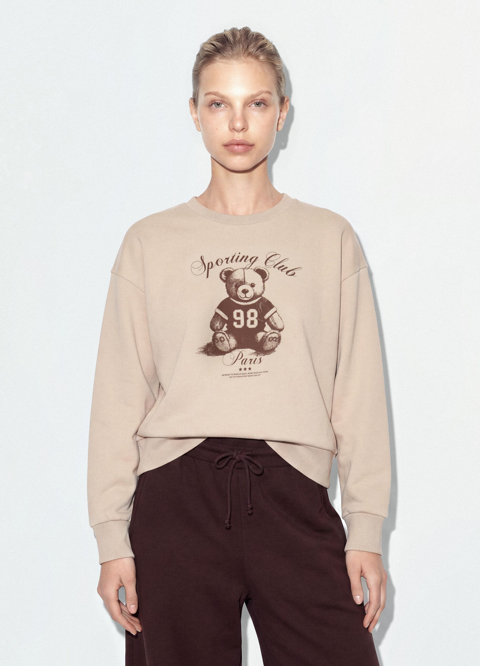 Beige cotton-blend crew-neck sweatshirt with teddy print