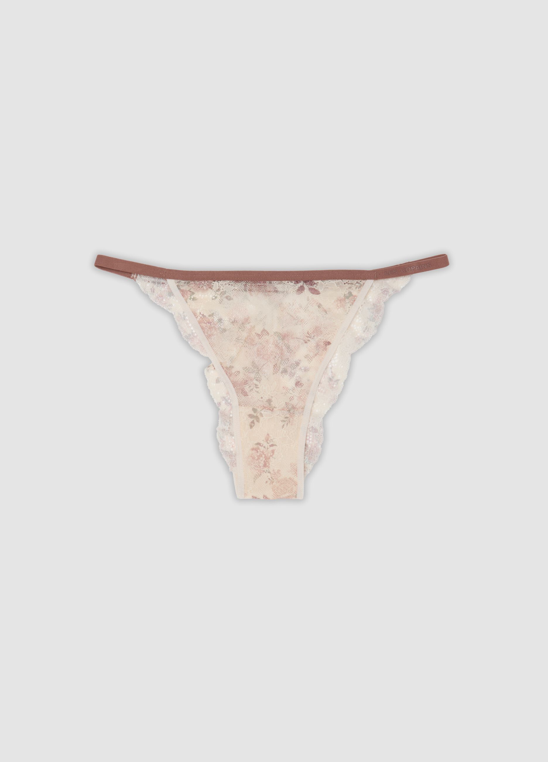 Slip beige in cotone organico con stampa floreale e pizzo