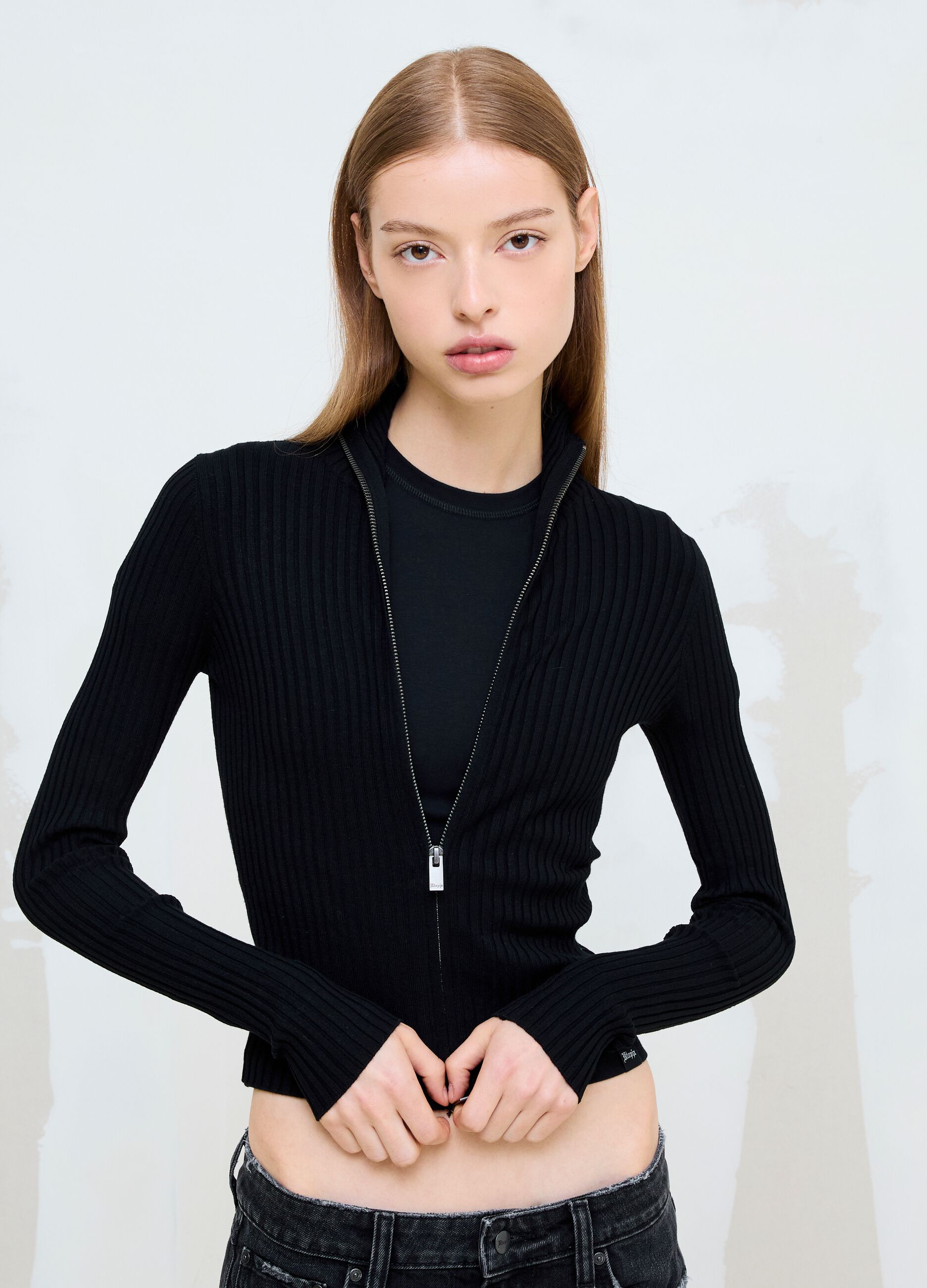 Black Ribbed Knit Full-Zip