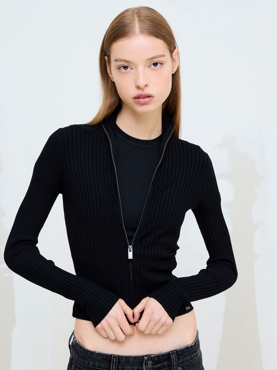 Black Ribbed Knit Full-Zip_0
